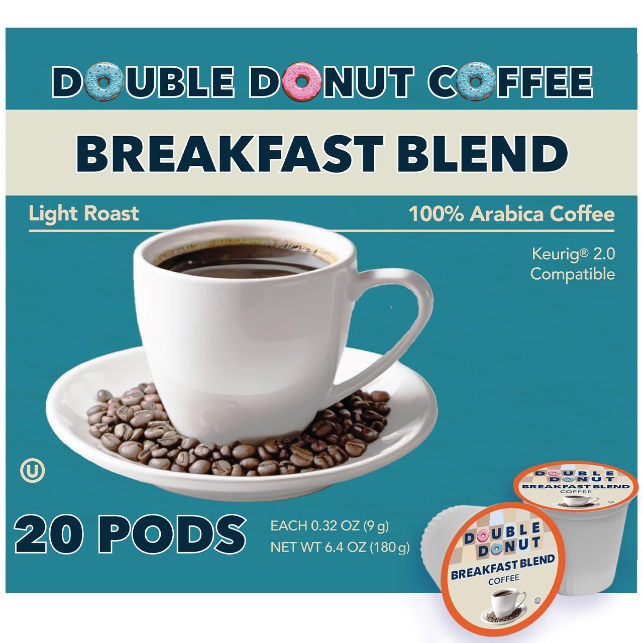 Double Donut Coffee Breakfast Blend Medium Roast Coffee Pods, 20 Count for Keurig K Cup Brewer