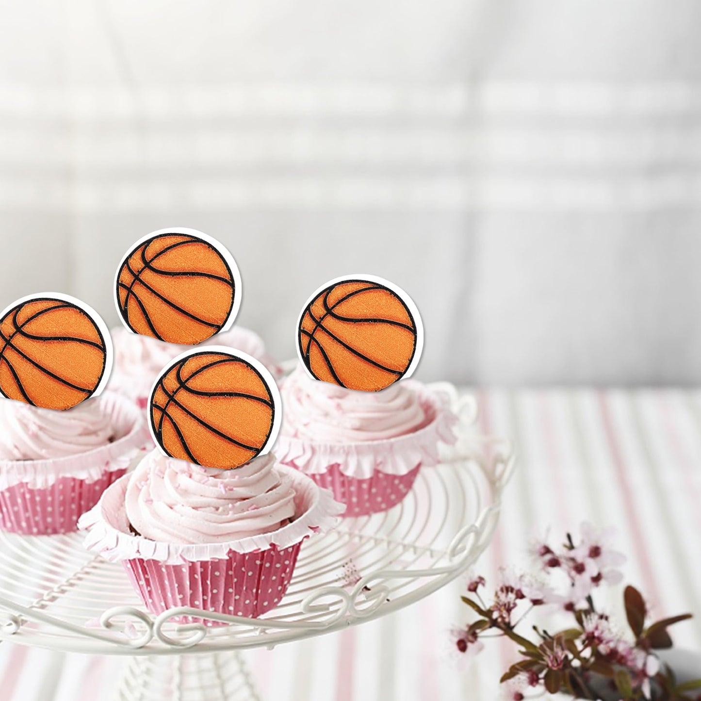 Rssta i 48 Pack Edible Basketball Cupcake Toppers - 1.3x1.3 inches - Sports Ball Decorations for Baby Shower Birthday Party