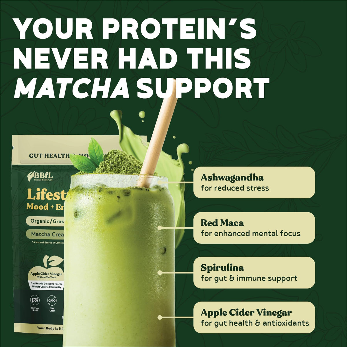 BBfL Grass-Fed Whey Protein Shake, 21g Protein, Matcha & Apple Cider Vinegar, Prebiotics, 15 Servings