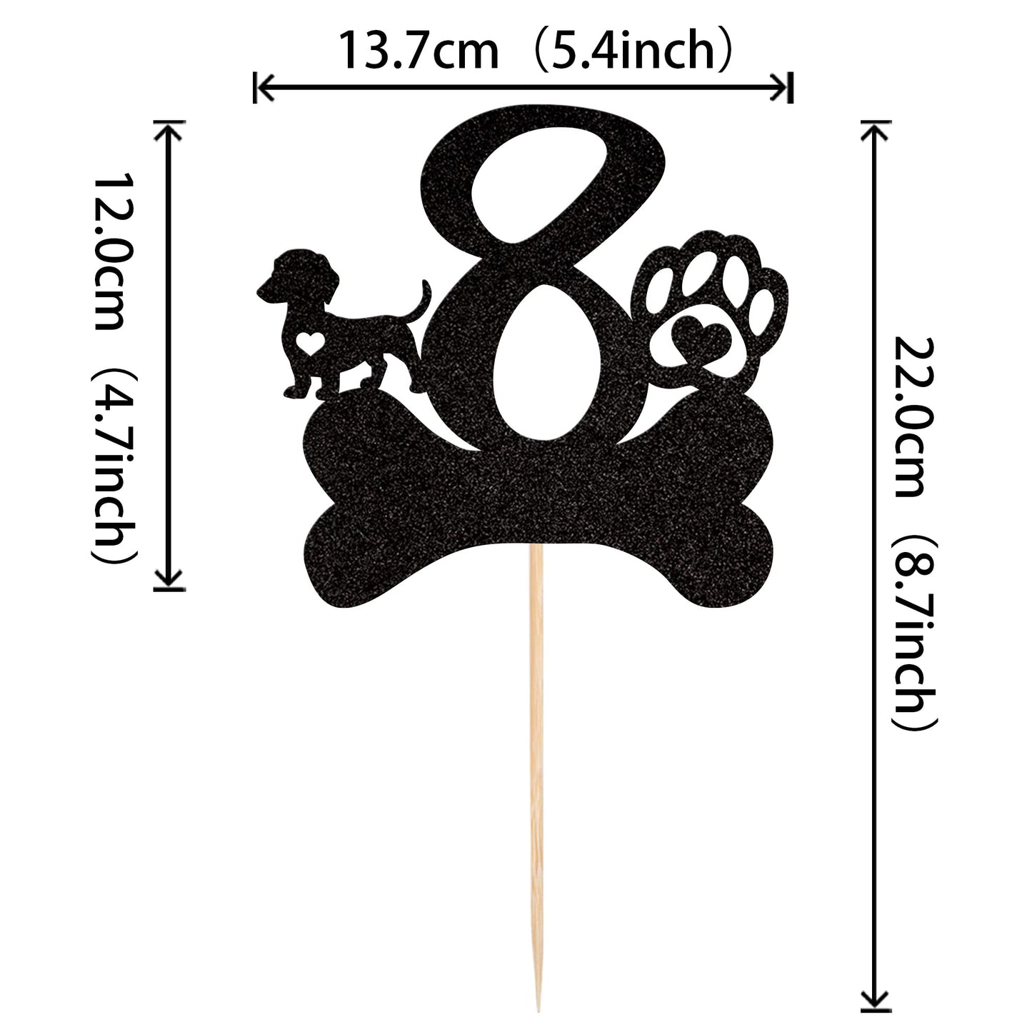 ZHUOWEISM 8th Birthday Cake Topper Black Glitter Dog Paw for Kids Party Decorations