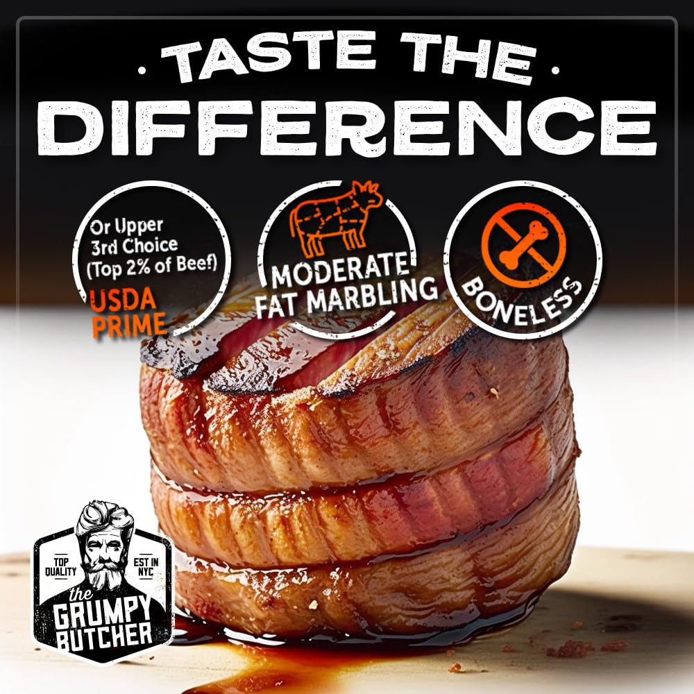 Grumpy Butcher 4 Large Filet Mignon Steaks, 8 Oz Each: Prime Steak House Size Beef Tenderloin Center Cut - With Steaks Gift Pack