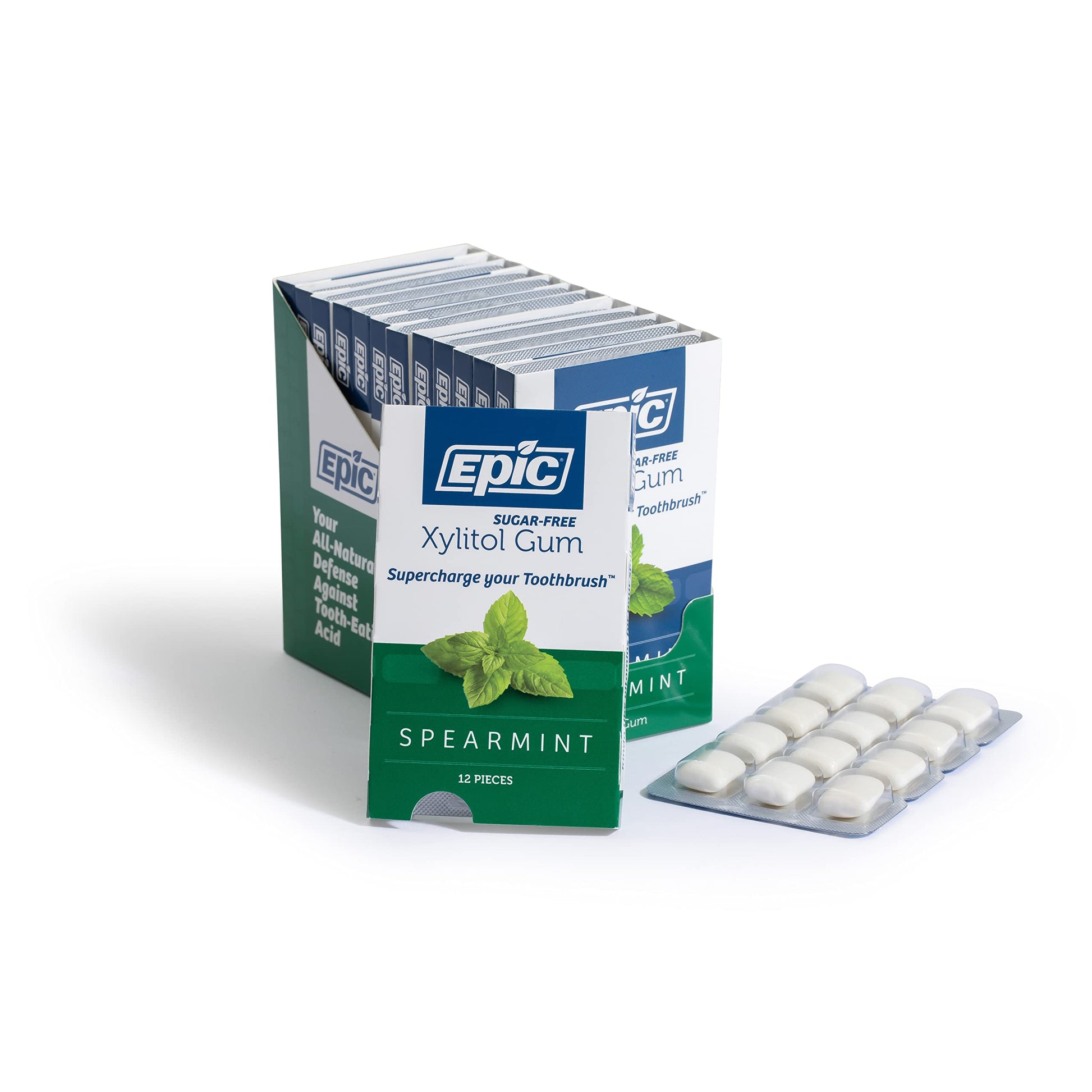 Epic Xylitol Chewing Gum - Sugar Free & Aspartame Free Chewing Gum Sweetened w/Xylitol for Dry Mouth & Gum Health (Spearmint, 12
