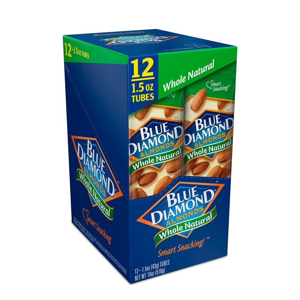 Blue Diamond Almonds, Whole Natural Flavored Snack Nuts, Single Serve Bags (1.5 Oz. Tubes, Pack Of 12)