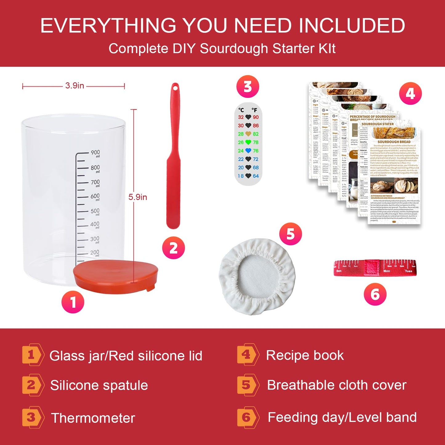 SAGOOITS Sourdough Starter Kit, 34oz Glass Jar with 6 Tools, Red, Basic Model