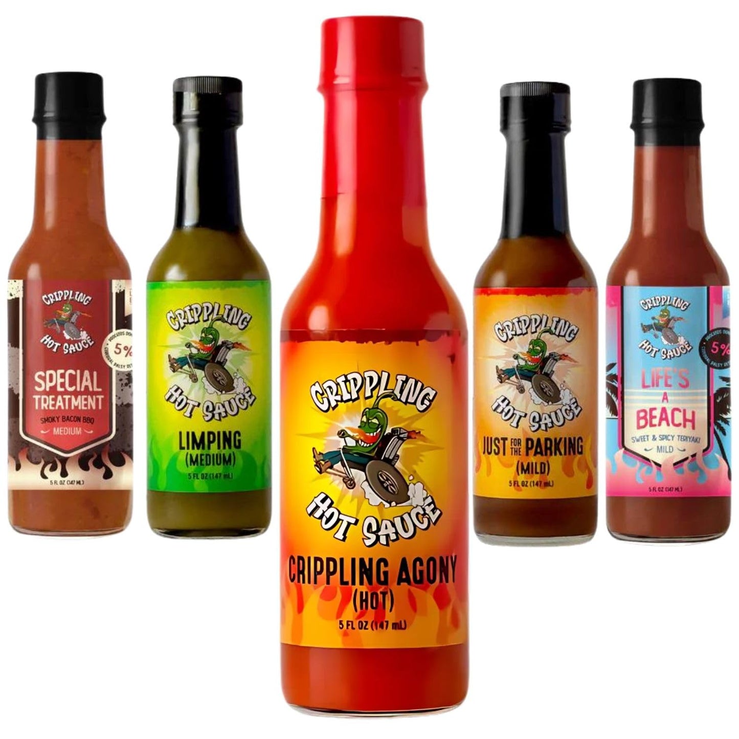 Crippling Hot Sauce Variety Pack - 5 Gourmet Hot Sauces - Smoky, Tangy, Fiery, Sweet, And Savory - Hot Sauce For Grilling, Tacos, Burgers & More - Hot Sauce Gift Set - 5% Proceeds For Cerebral Palsy (5 Pack, Crippling Decisions Variety Pack)