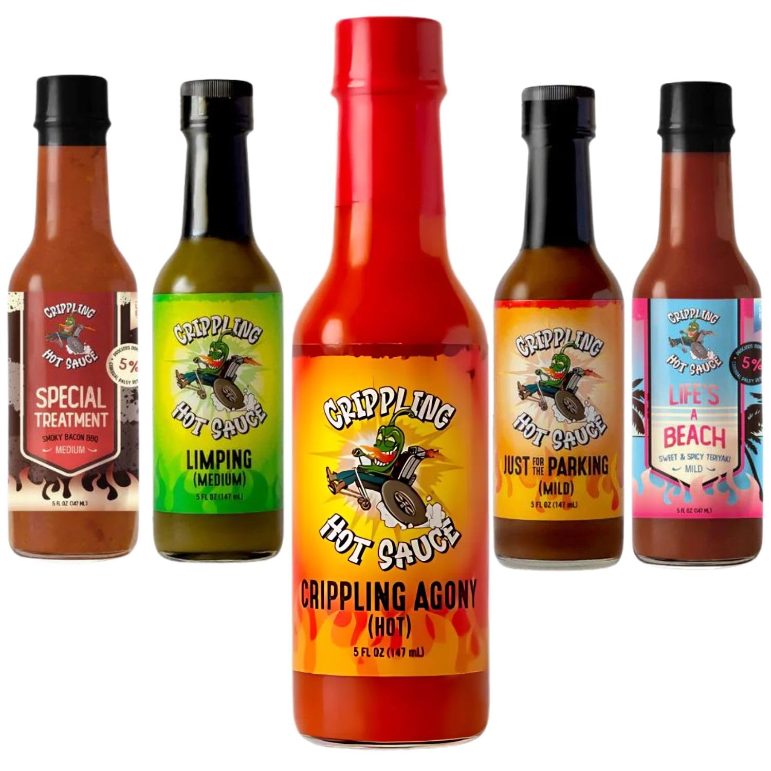 Crippling Hot Sauce Variety Pack - 5 Gourmet Hot Sauces - Smoky, Tangy, Fiery, Sweet, And Savory - Hot Sauce For Grilling, Tacos, Burgers & More - Hot Sauce Gift Set - 5% Proceeds For Cerebral Palsy (5 Pack, Crippling Decisions Variety Pack)