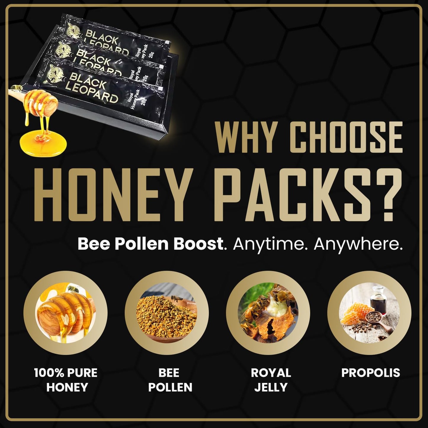 Black Leopard Honey Packs- 20 Gram Satchets - Pack of 10 - enhanced Pure Honey with Jelly Bee Pollen