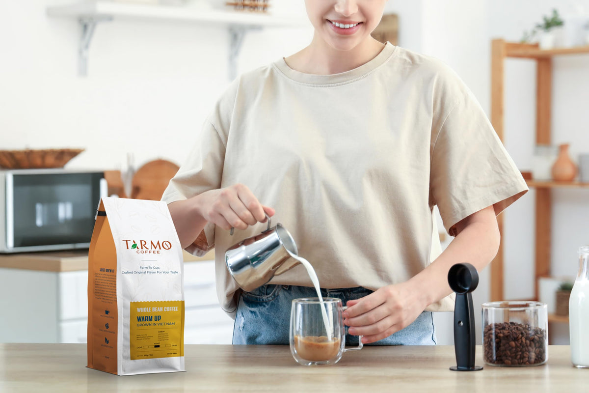 TARMO COFFEE Low Acid 100% ROBUSTA Whole Bean Coffee, Specialty Vietnamese, Medium Roast, 12 Oz Bag