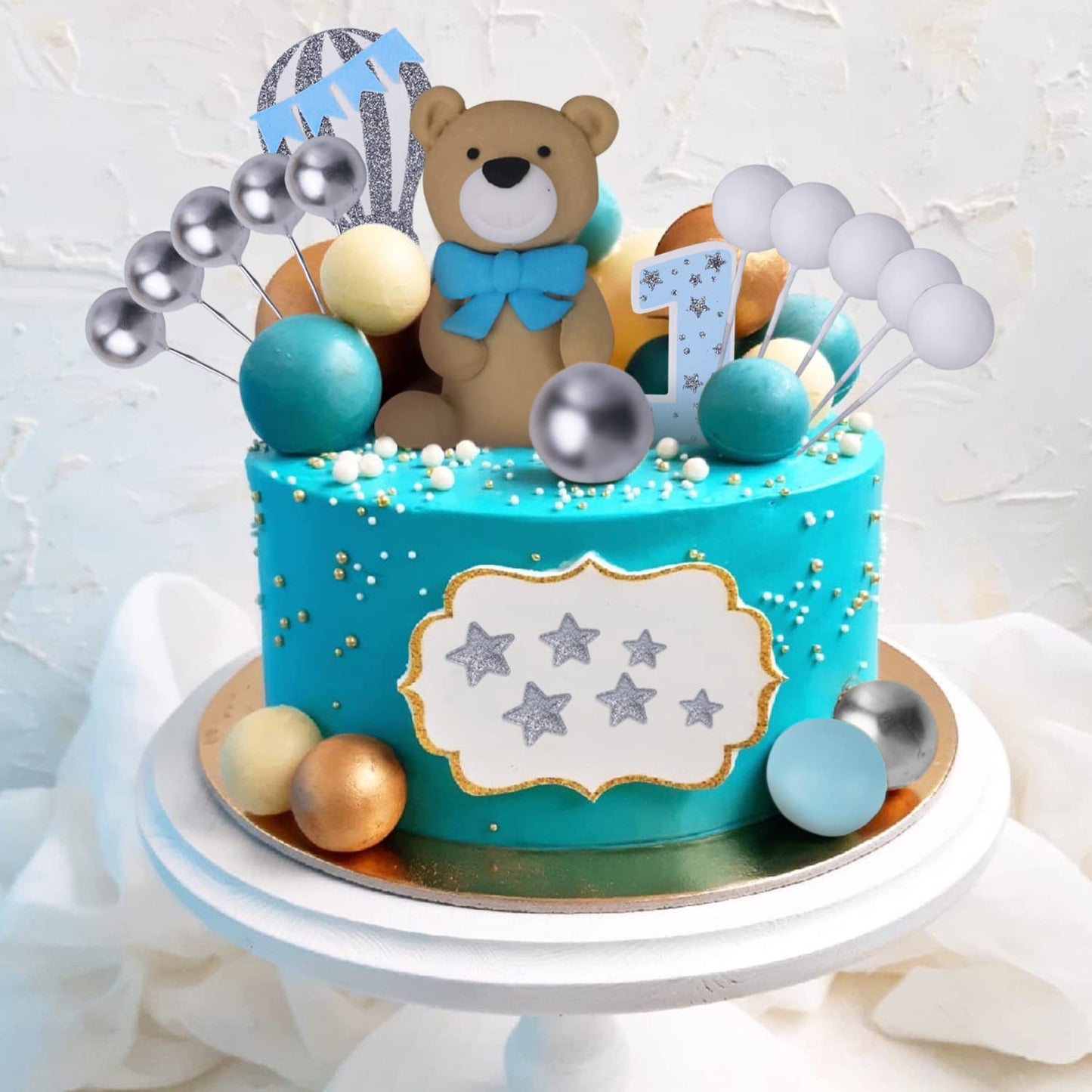 Blingabc Bear Cake Topper 49Pcs,3D Twin Bears With Balls Clouds Glitter Stars Cake Decoration For Boy Birthday Baby Shower Teddy