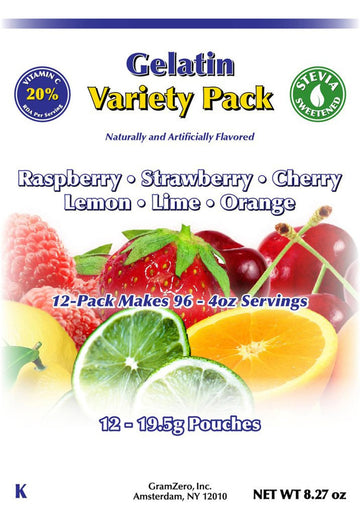 Gramzero Variety (Raspberry, Strawberry, Cherry, Lemon, Lime, Orange) Sugar Free Gelatin Mix 12-Pack, Zero Carb Dessert, Stevia Sweetened