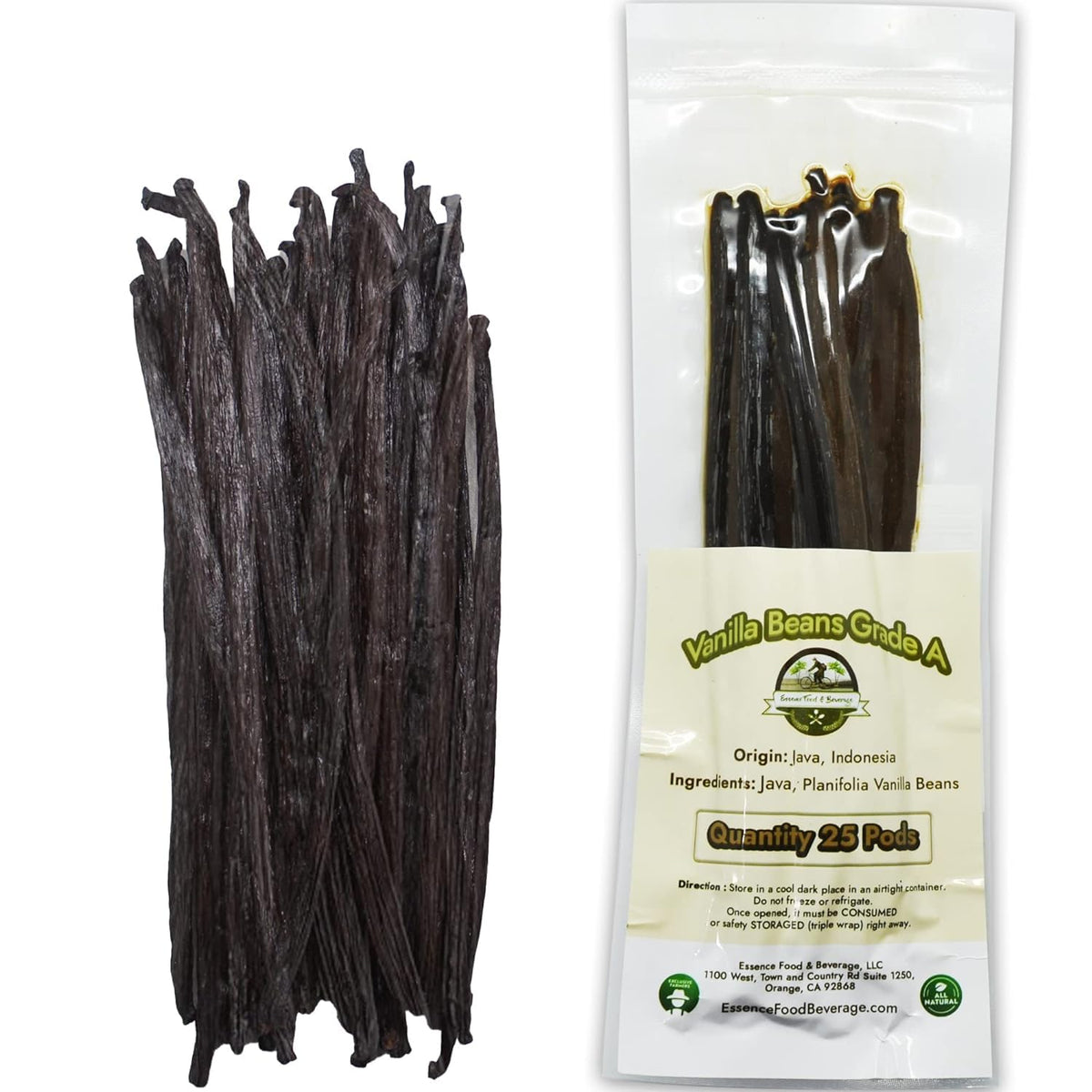 ESSENCE FOOD & BEVERAGE Vanilla Beans Bulk - Grade A NON-GMO Planifolia, 6-8 Inches, 25 Count