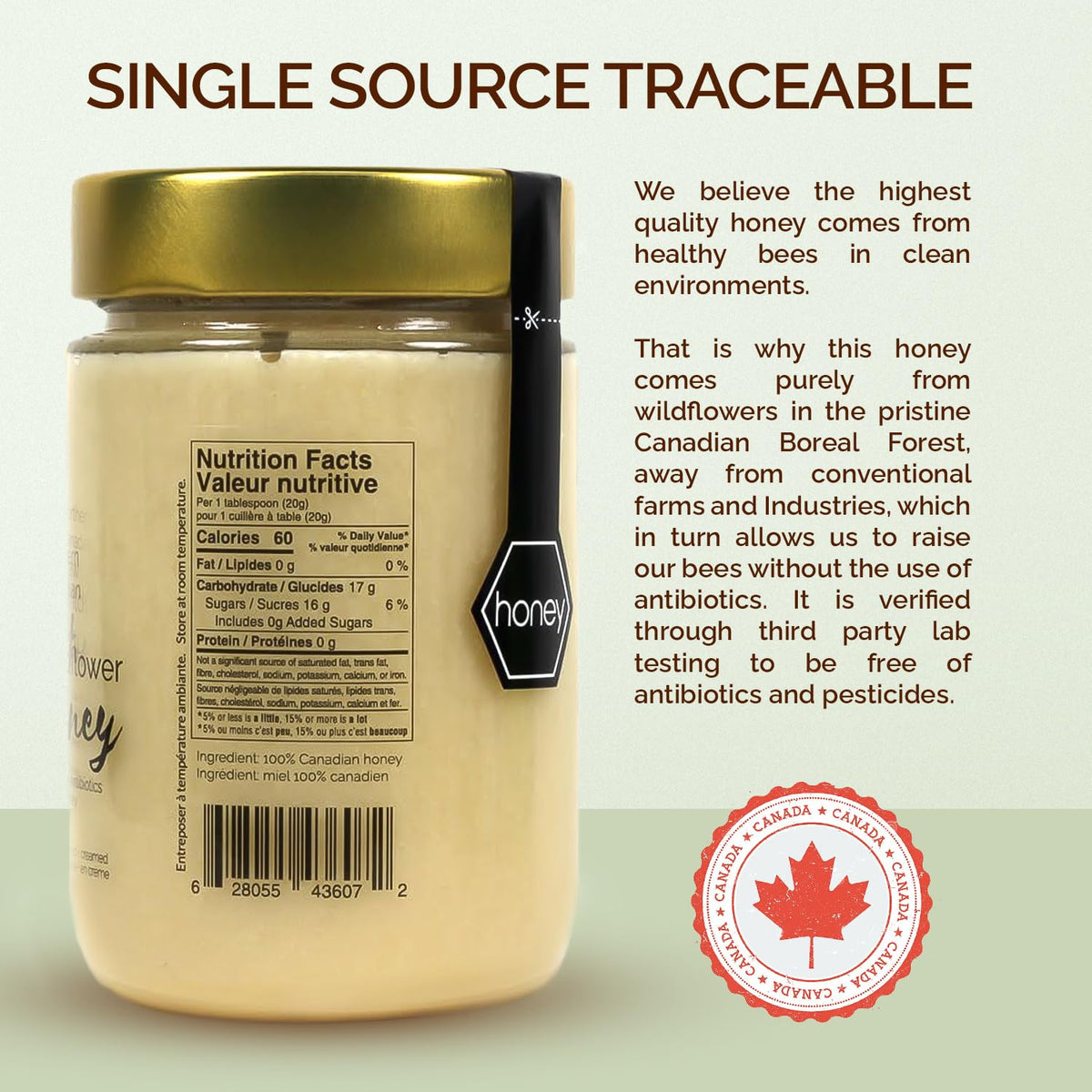 Oneroot 100% Canadian Flower Honey - 17.6 Oz/1.1 Lbs, Honey Wildflower Unfiltered, Unheated & Creamed, Nutrient Rich Raw Wildflo