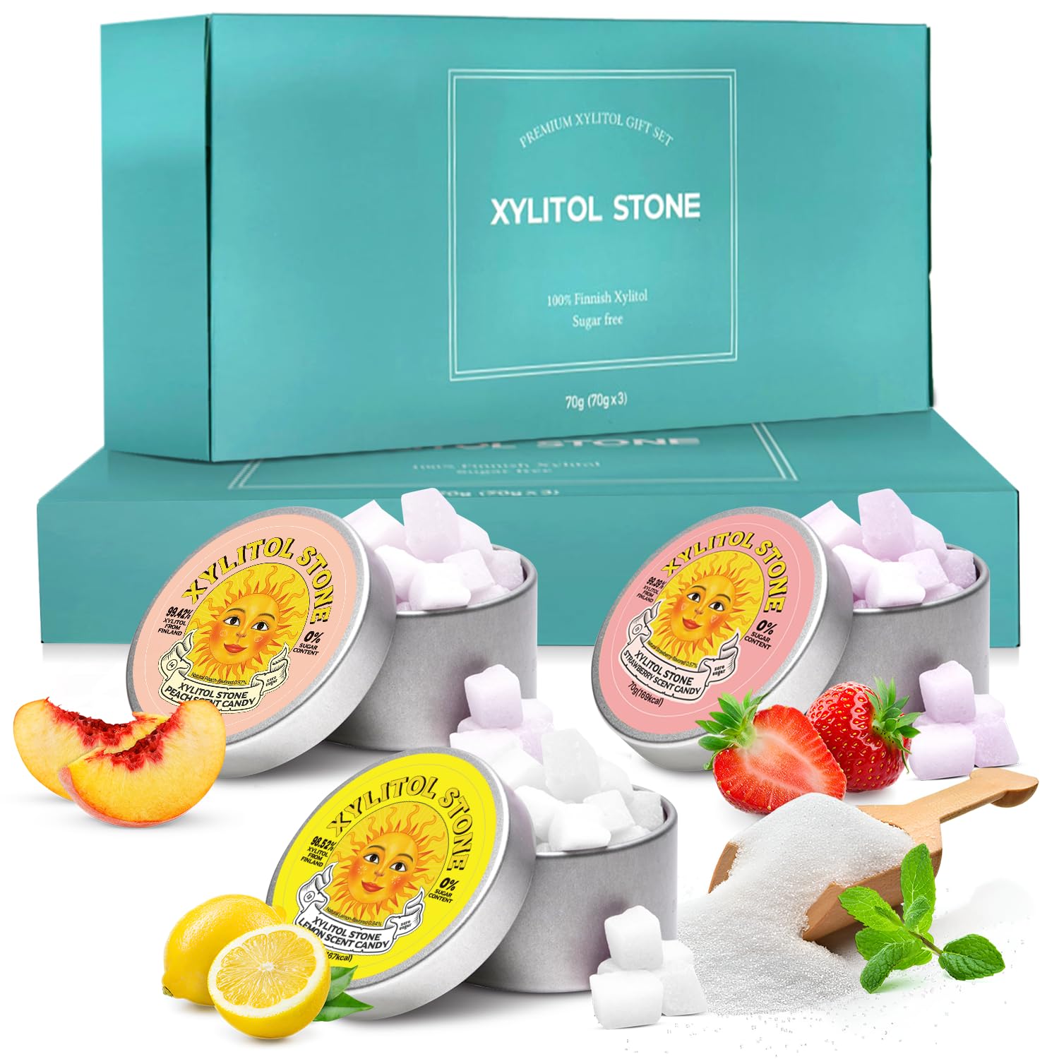 Xylitol Stone Sugar Free Candy - Vegan & Keto Friendly Unique Hard Candy - 100% Natural Flavor Candies - Gluten Free & Non-Gmo Breath Freshener Low Calorie Mints - Pack Of 3 (Peach  Strawberry  Lemon)
