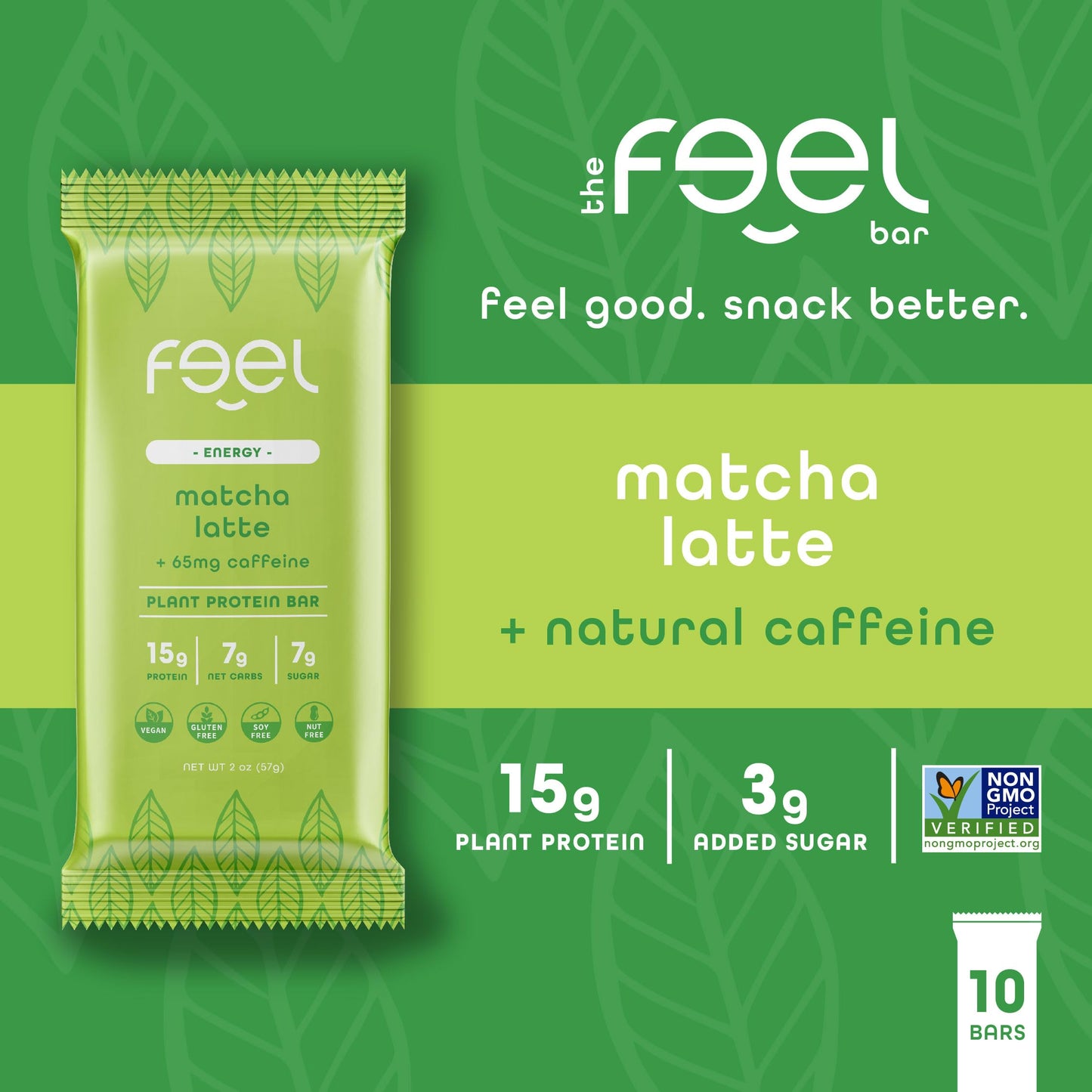 Feel Vegan Protein Bars | Matcha Latte | Keto | Gluten Free | Organic | 15G Plant Protein | Low Carb | High Protein | Dairy Free | Low Sugar | Nut, Grain, Soy Free | Non Gmo | 10 Pack