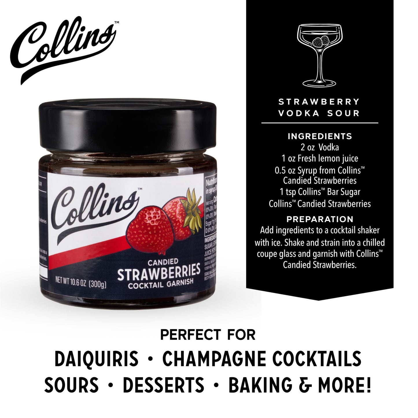 Collins Strawberries in Syrup, Cocktail Garnish, 10.6 oz, Set of 1, Red, Model 11839