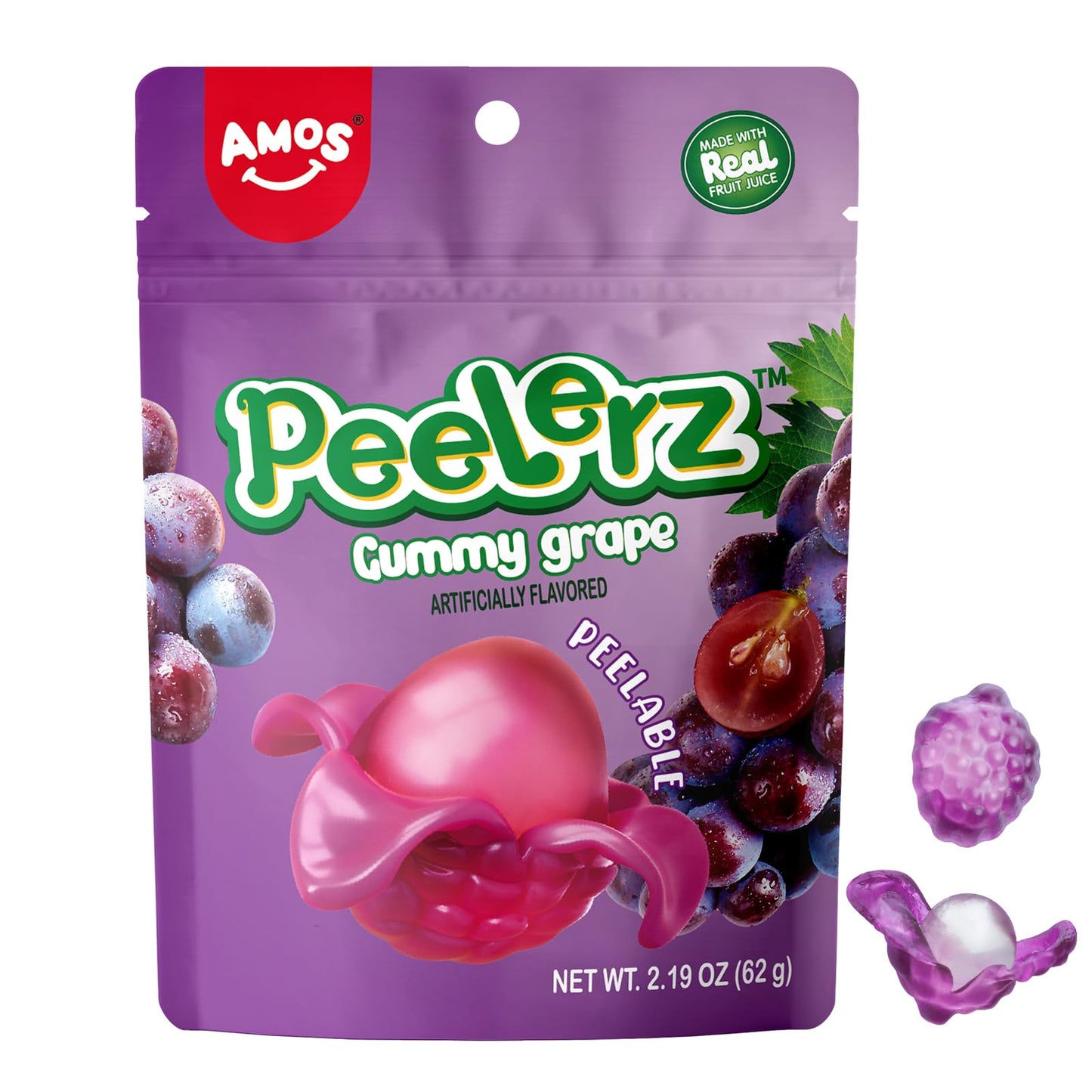Amos Peelerz Gummy Candy Grape, Amos 4D Gummies Peelable Candy Resealable 2.19oz Bag (Pack of 8)