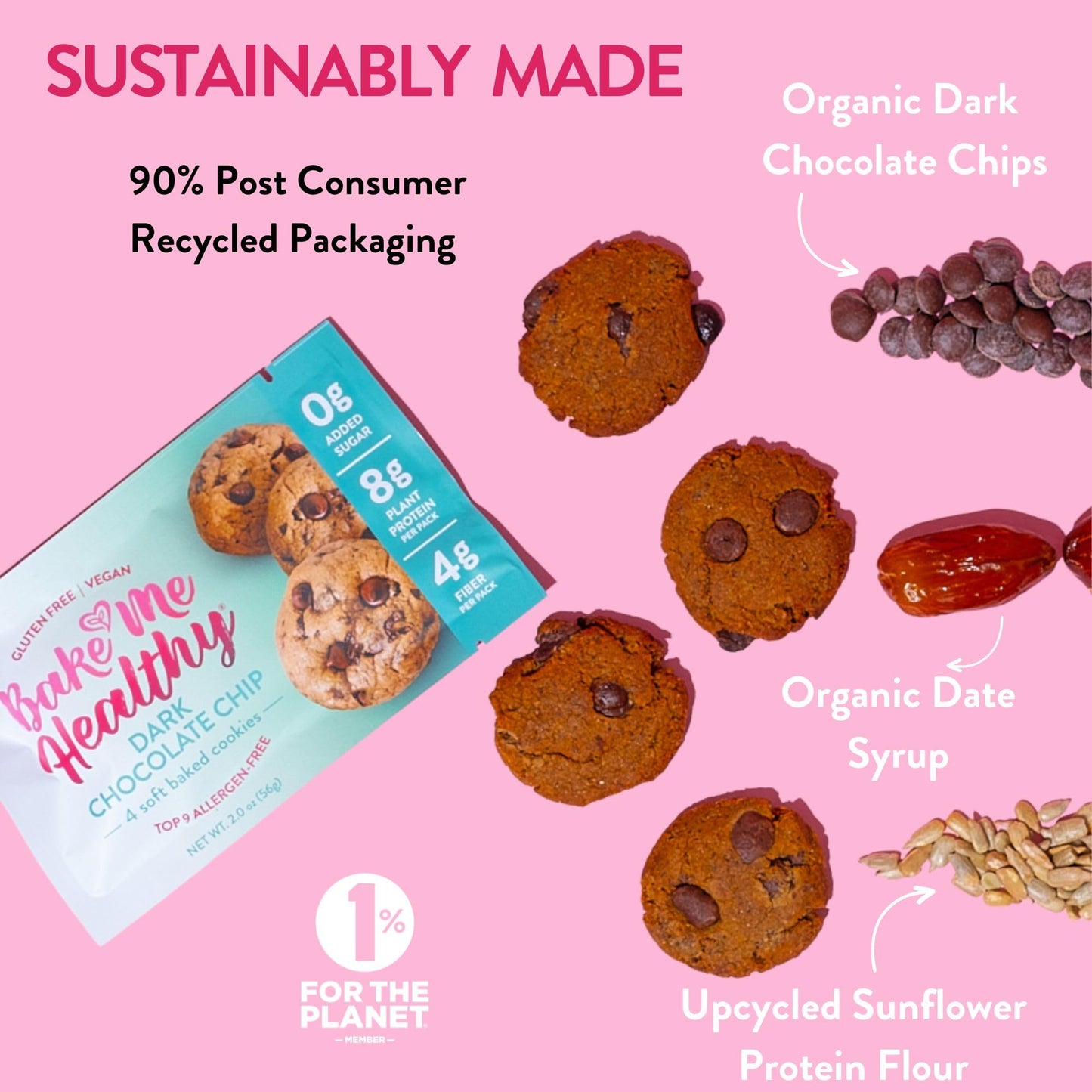 Bake Me Healthy Dark Chocolate Chip Cookie Snack Packs - Vegan, Gluten-Free, Dairy-Free, 0g Added Sugar, 8g Plant Protein, 4g Fi
