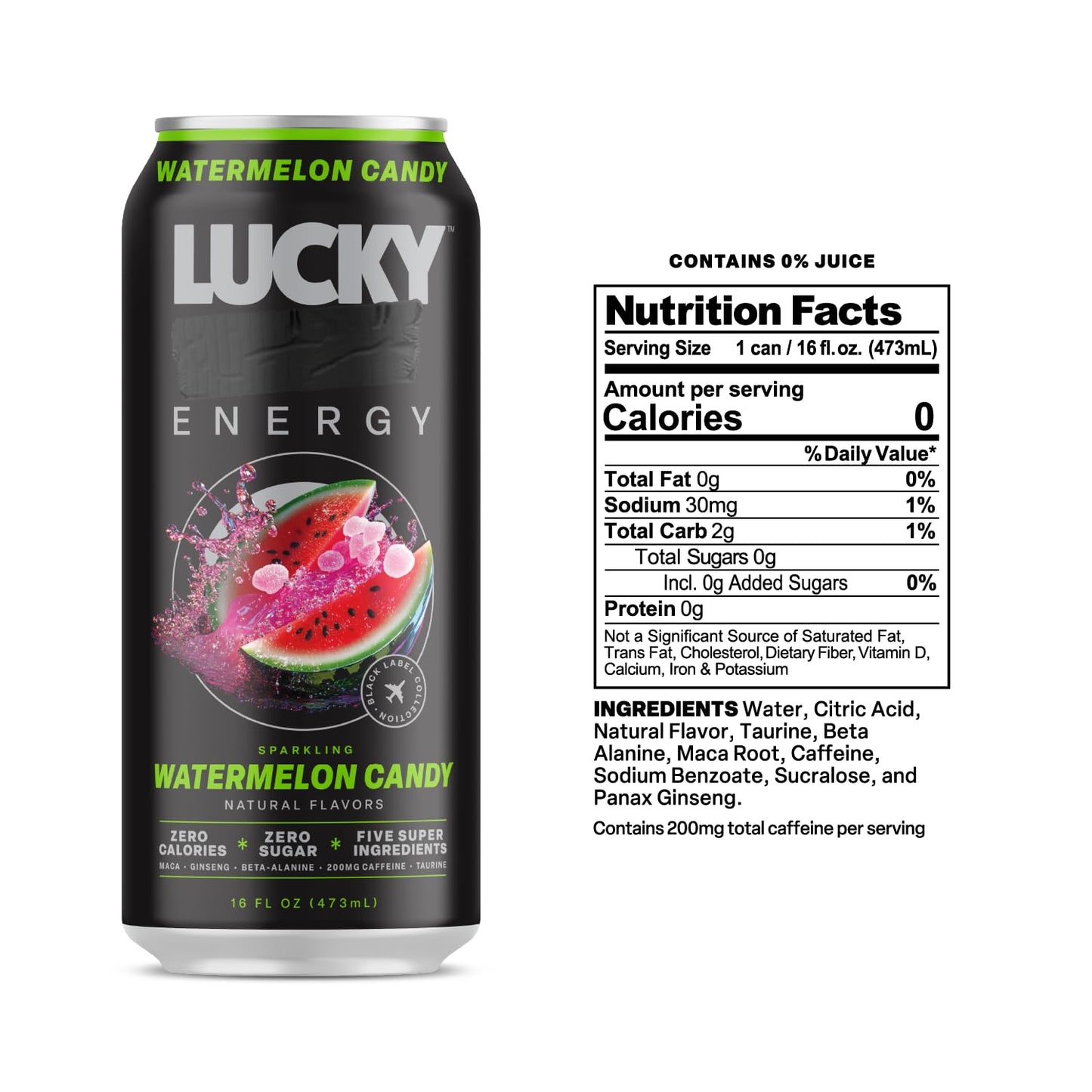 Lucky Energy Sugar Free Energy Drinks, 16oz Cans, Watermelon Candy, 12-Pack, Zero Sugar, 200mg Caffeine