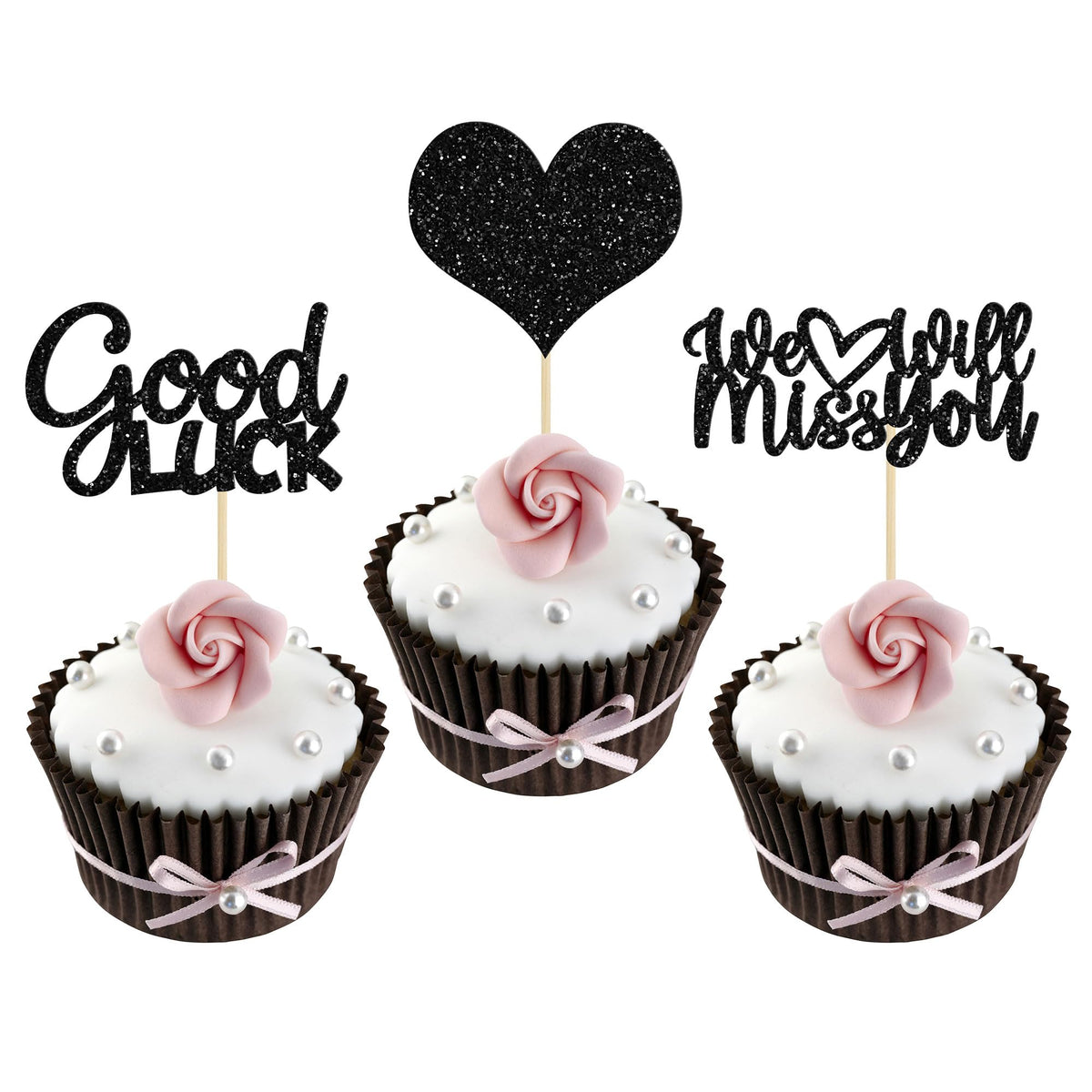 Gyufise 36Pcs Black Glitter We Will Miss You Cupcake Toppers With Love Glitter Good Luck Cupcake Picks Going Away Farewell Retir