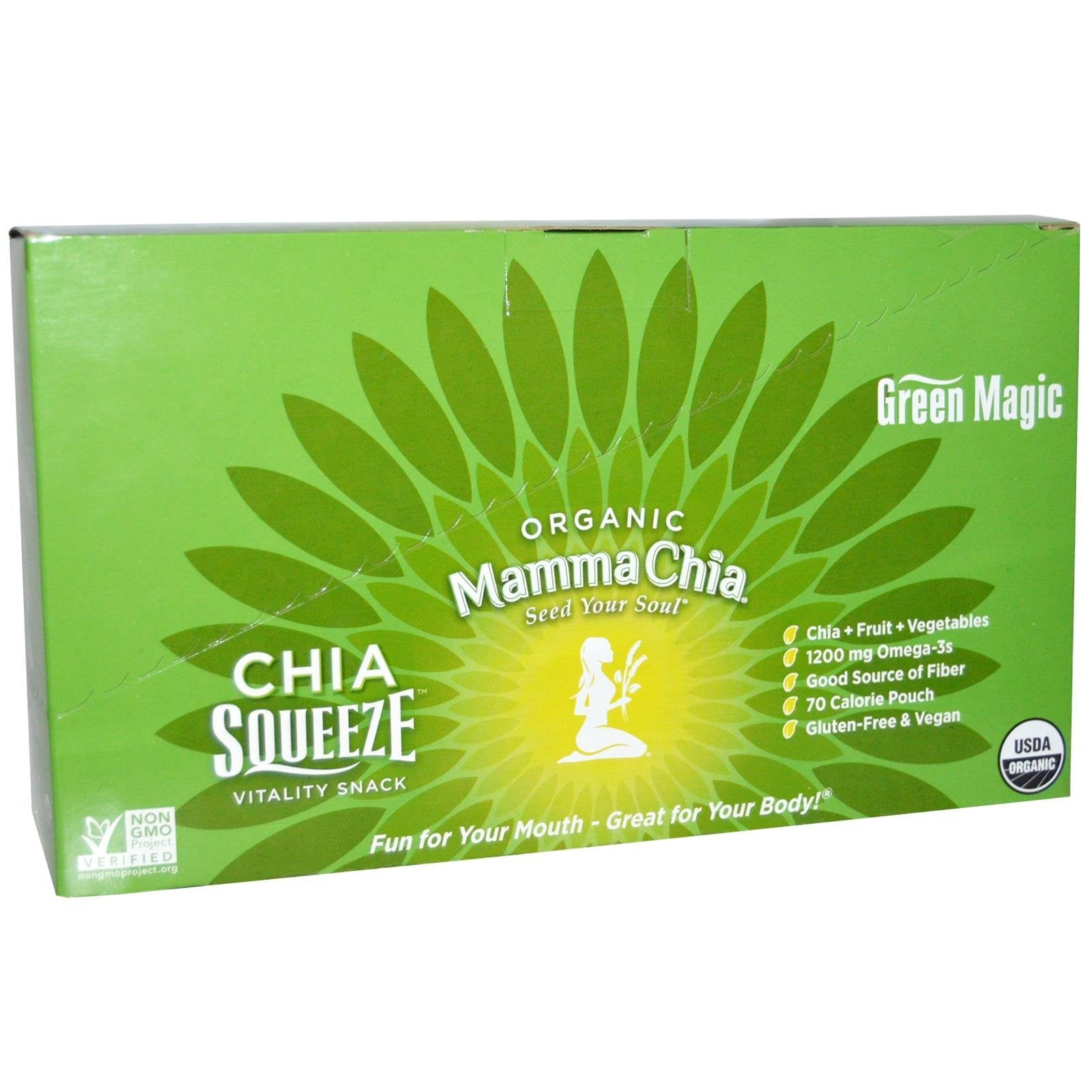 Mamma Chia Organic Vitality Squeeze Snack, Green Magic, USDA Organic, Non-GMO, Vegan, Gluten Free, and Kosher. Fruit and Vegetab
