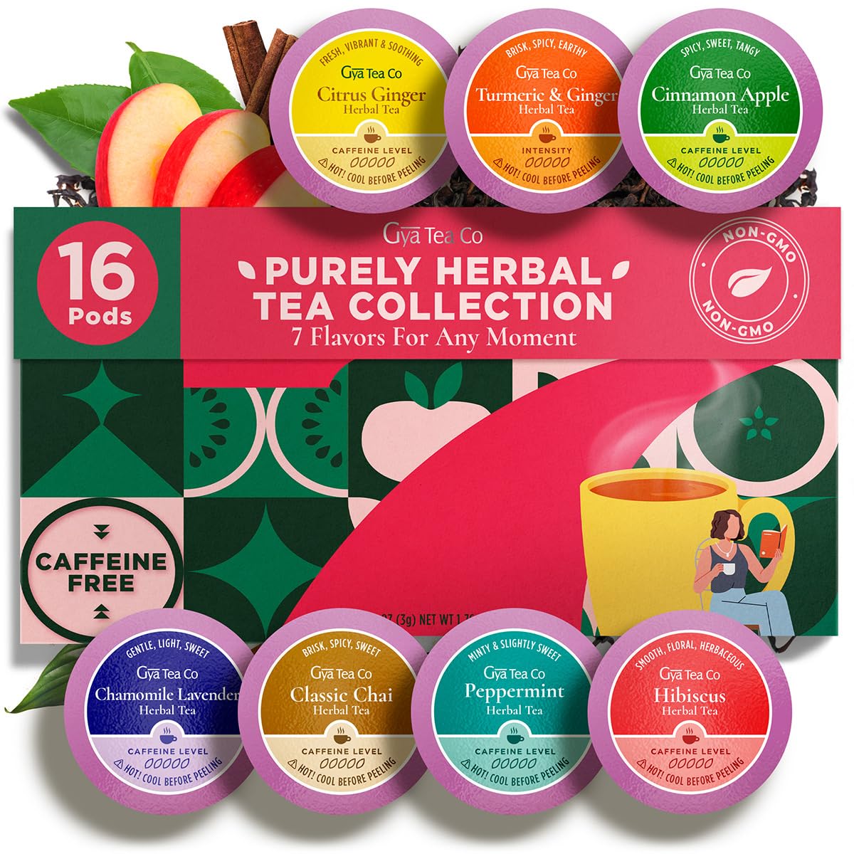 Gya Tea Co Purely Herbal Tea Pod Collection Gift Set (16 Count) - Different Flavors Assorted Variety Pack