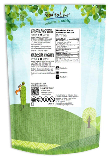 Food to Live Organic Salad Mix of Sprouting Seeds, 8 Ounces - Non-GMO Broccoli, Radish, Clover, Alfalfa. Rich Germination Rate,