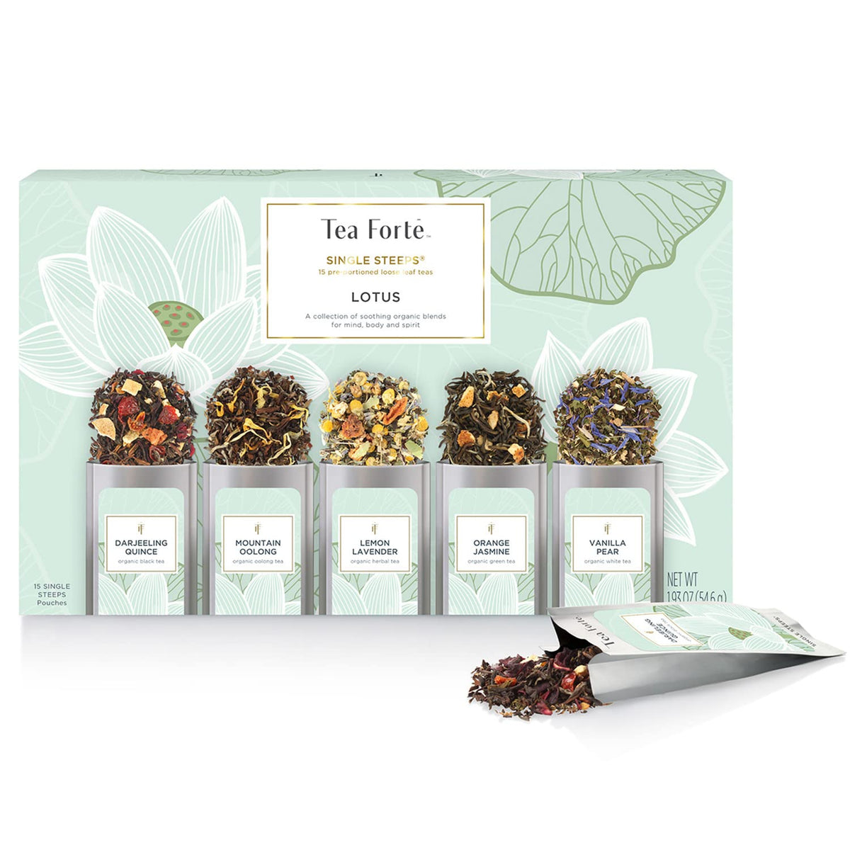 Tea Forte Single Steeps Loose Leaf Lotus Tea Sampler, Assorted Variety Tea Box, Serve Pouches,15 Count (Pack Of 1)