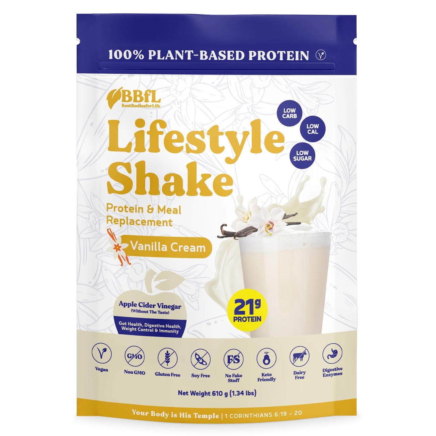 BBfL Plant-Based Protein Shake, 21g Vegan Protein, Vanilla Bean, 15 Servings