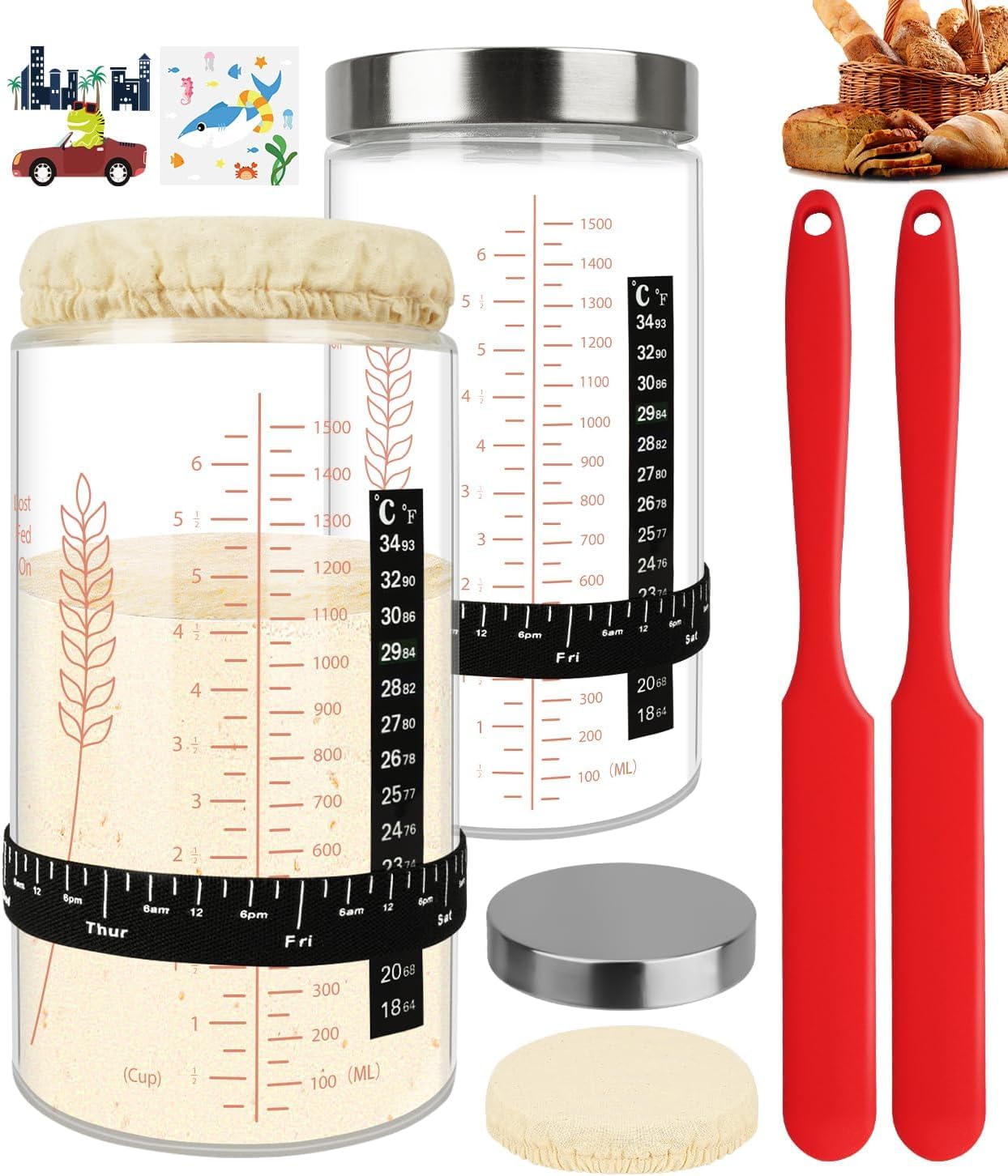 Keafont Sourdough Starter Jar Set, 50oz Capacity, 2 Pack, Glass, Red