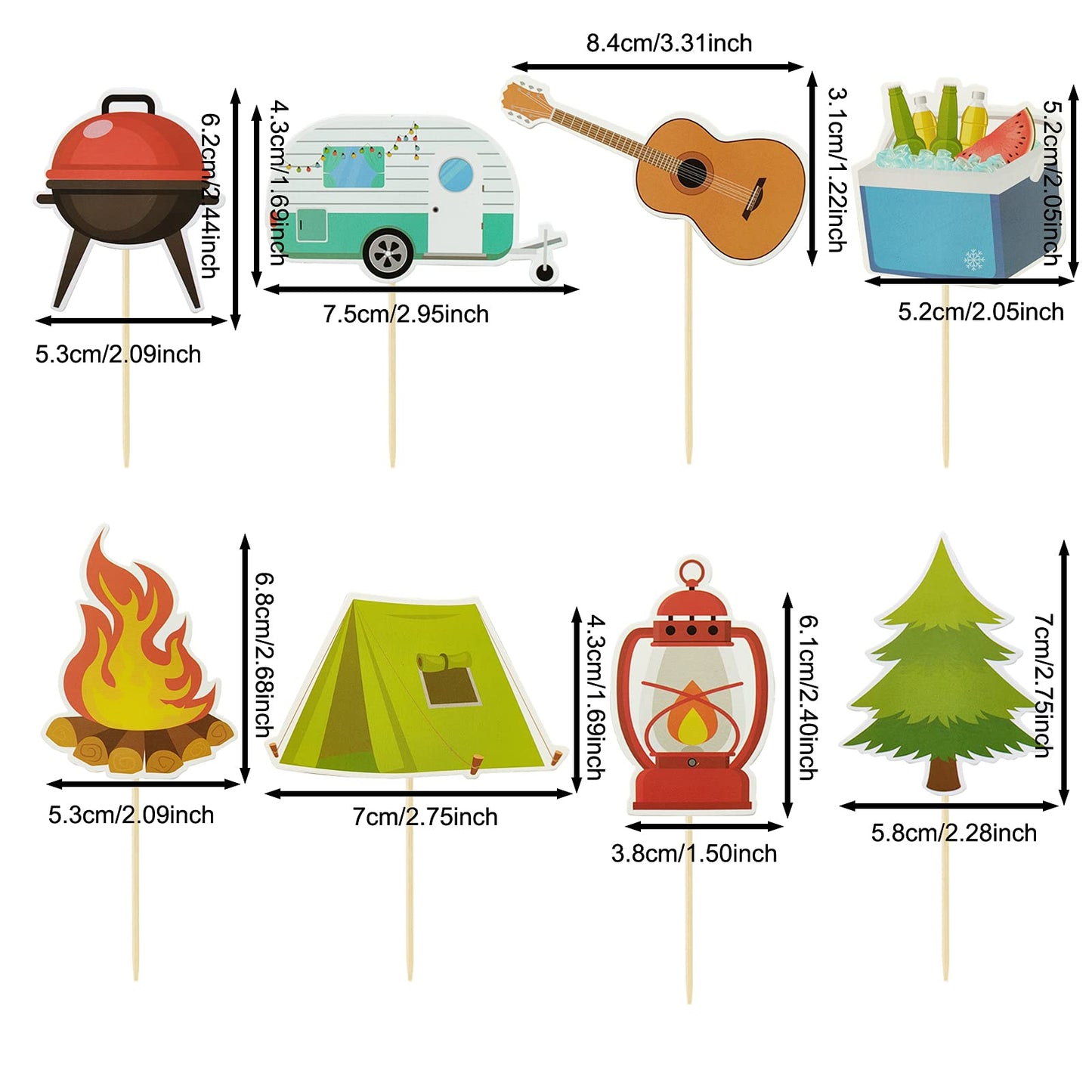 Mulukaya 24Pcs Camping Cupcake Toppers - Tent, Bonfire, Guitar - Birthday Party Cake Decoration Supplies