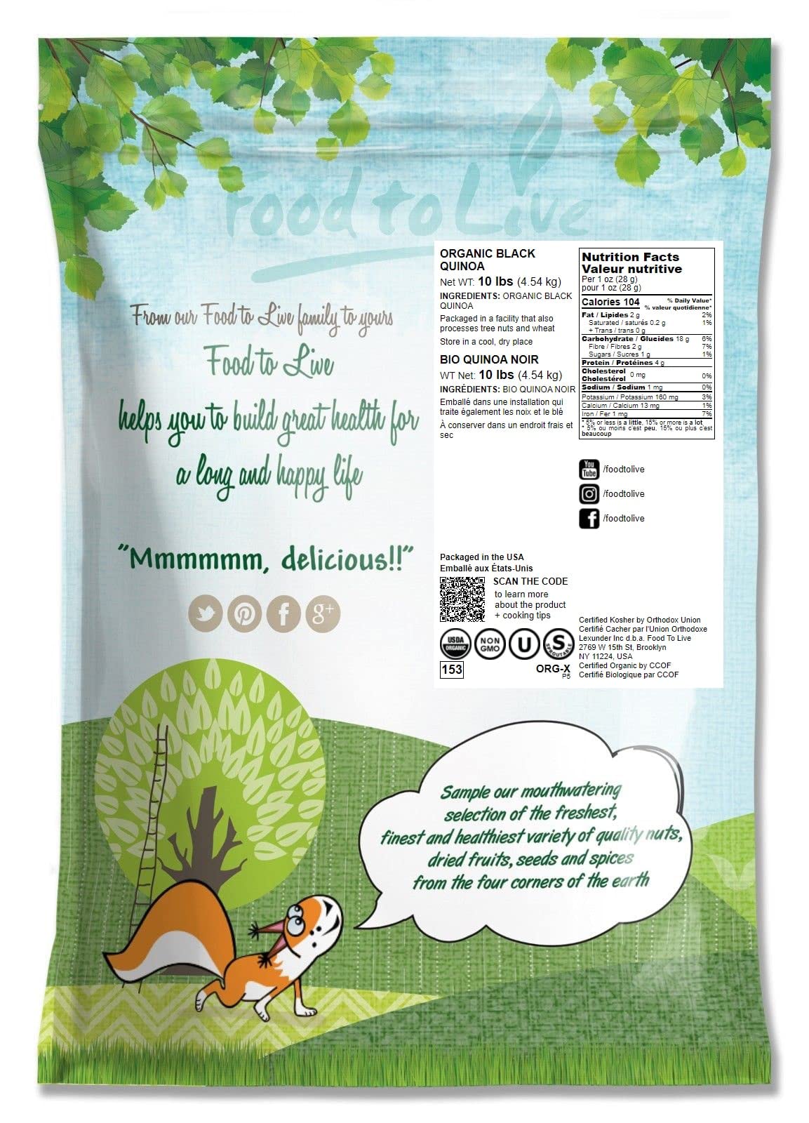 Food to Live Organic Black Quinoa, 10 Pounds - Non-GMO, Whole Grain, Sproutable, Kosher, Vegan, Sirtfood. Easy to Cook. Source o
