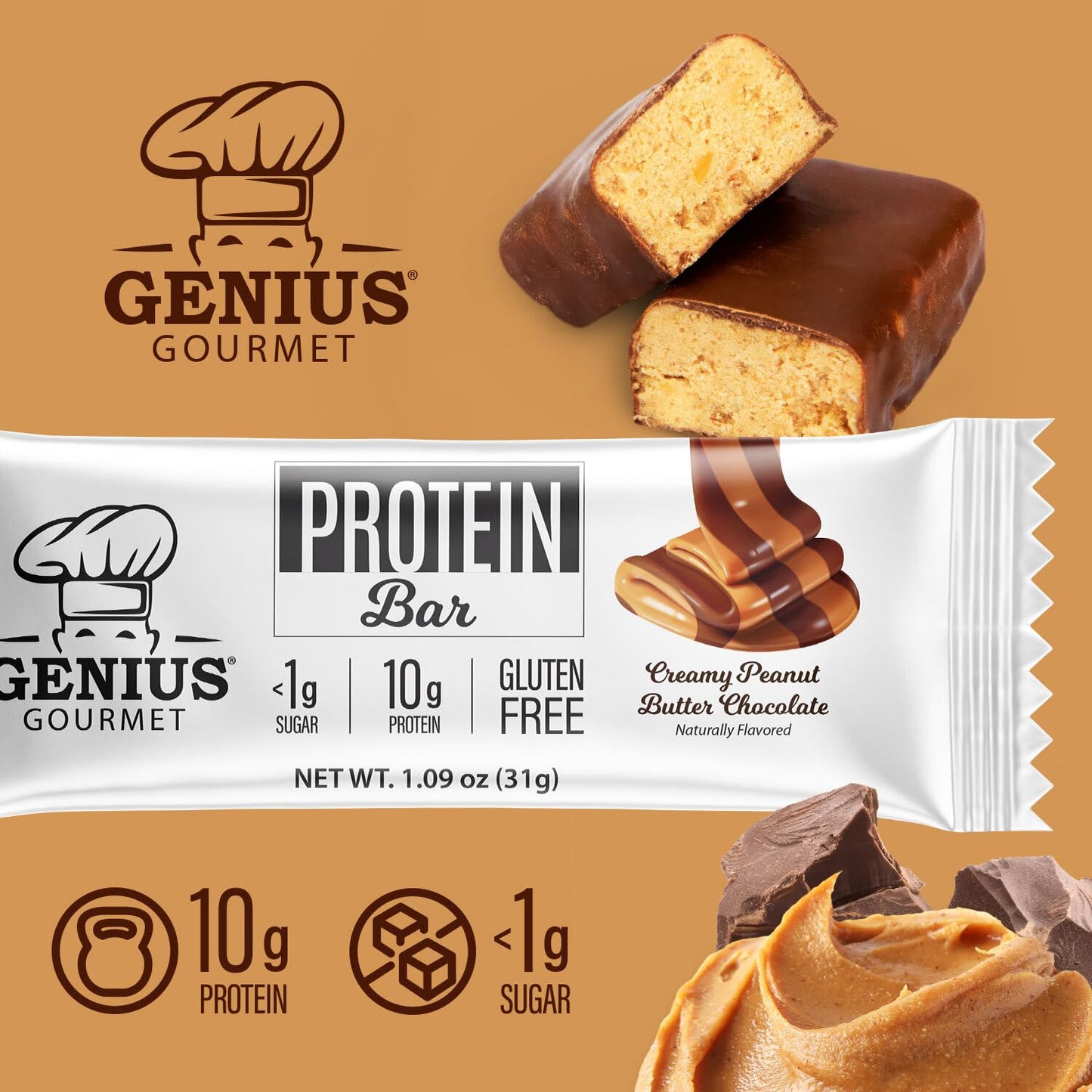Genius Gourmet Protein Bar, Chocolate Peanut Butter, Keto Snack, Low Carb, Low Sugar & Gluten Free, Protein Snacks For Mature-Themeds, 10G Of Whey Protein Per Protein Bar, 5 Net Carbs, 10 Count