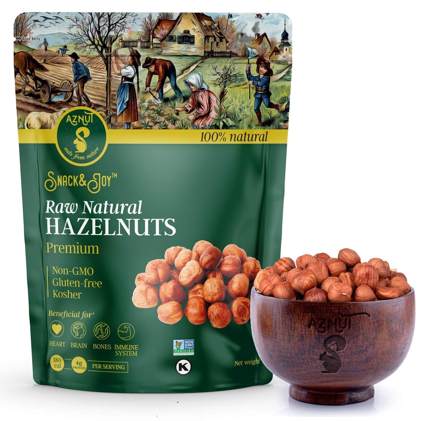 Aznut Raw Hazelnuts Filbert Nuts  Shelled  Gluten Free  Fresh  Top-Grade Quality 100% Natural Non-Gmo Project Certified  Kosher Certified  Great Snacks  Resealable Bag 4 Lb