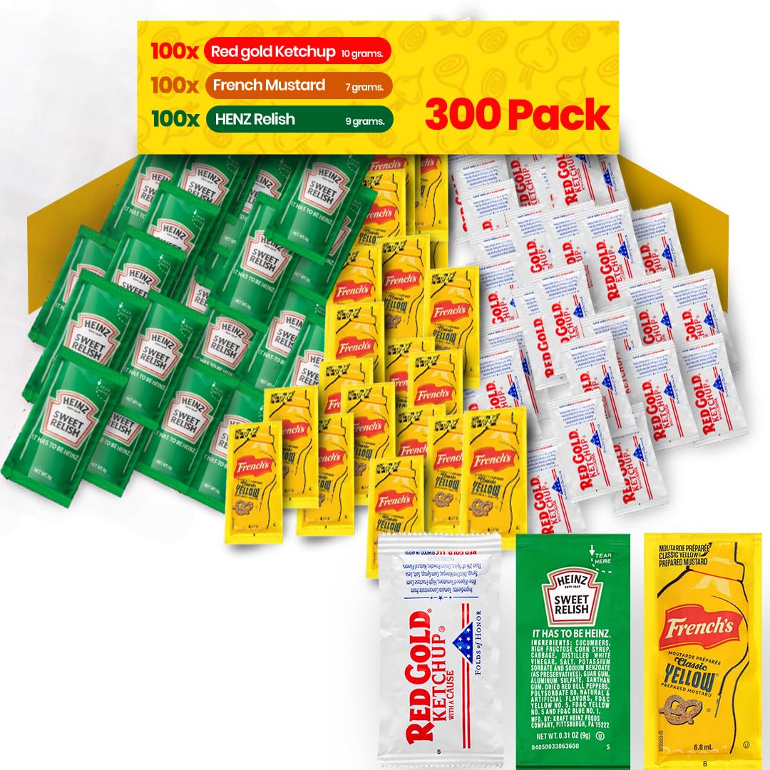 Condiment Variety Pack Single Serve Pouches: Each of KETCHUP, MUSTARD, and RELISH - Perfect for Picnics, Lunch Boxes, BBQs, Trav
