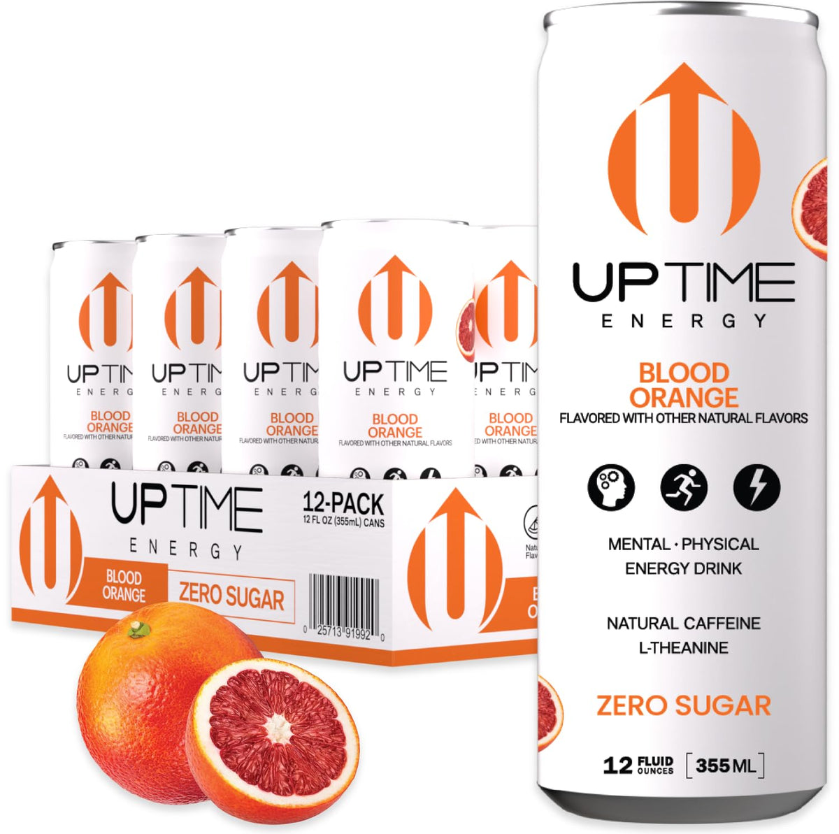 UPTIME Premium Energy Drink, Blood Orange, Zero Sugar, 12oz Bottles, 12 Pack, Natural Caffeine, Sparkling