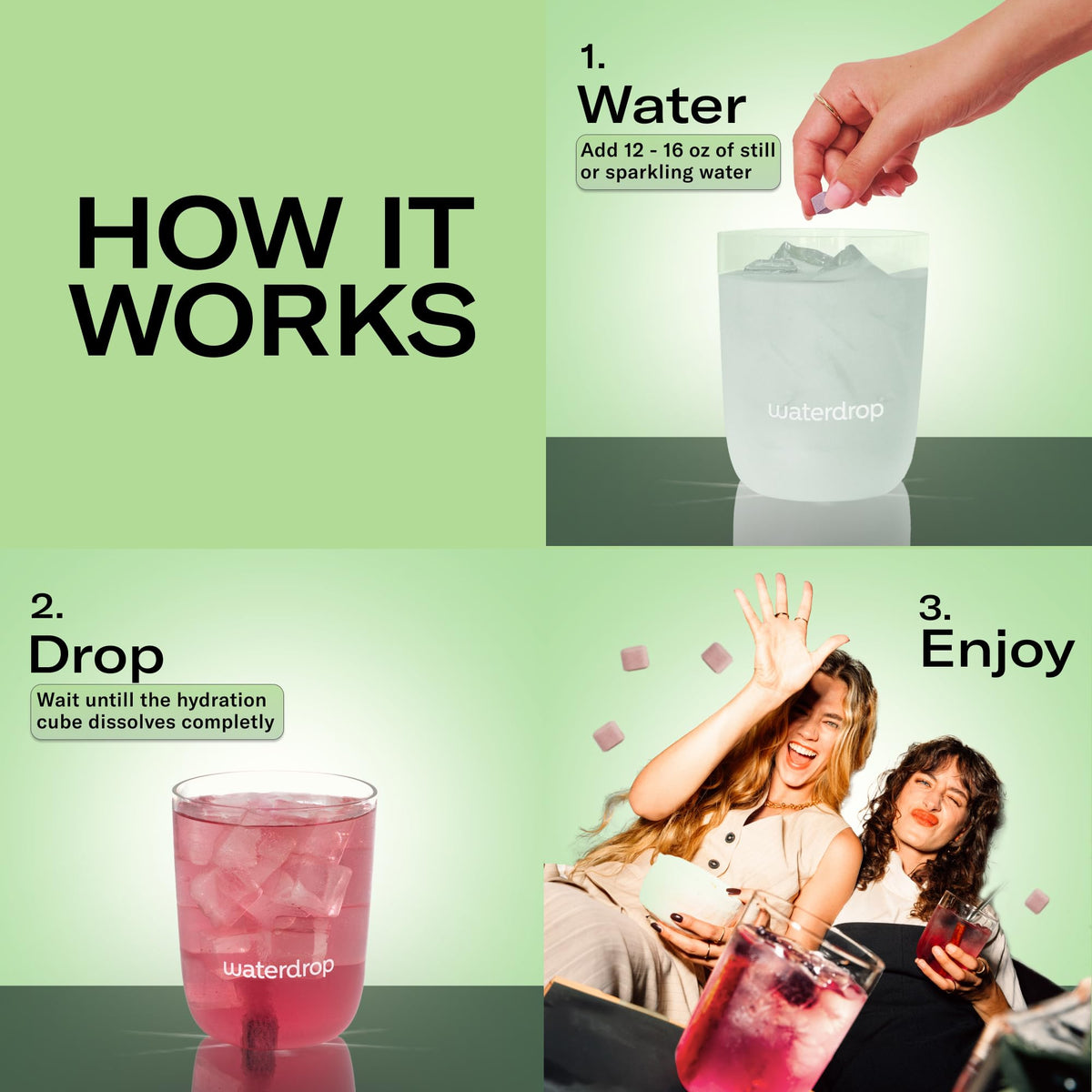 Waterdrop Hydration Cubes, Berry Variety Pack, Vitamin C, E, B1, B6, B8 & B12 & Electrolyte Drops for Still & Sparkling Water, O