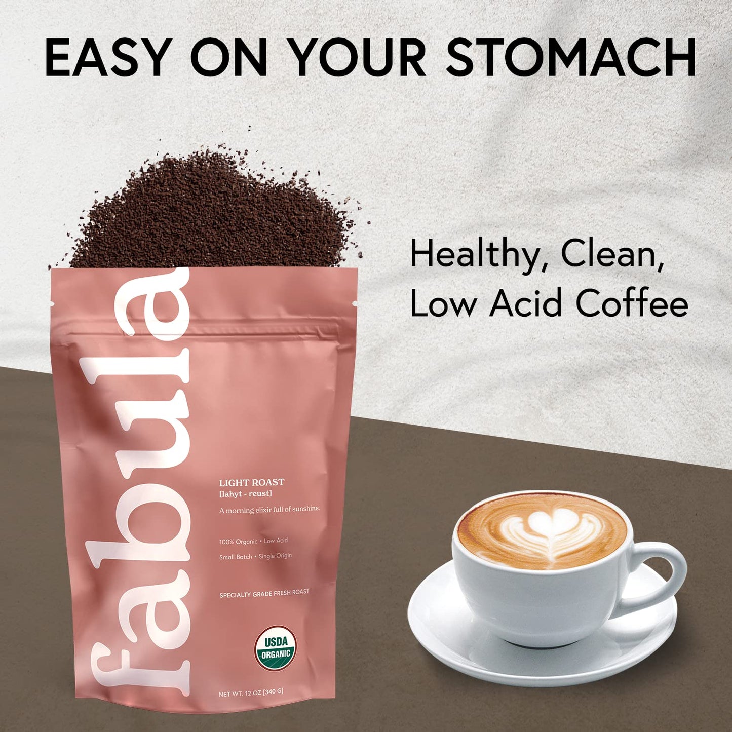 Fabula Coffee Light Roast - Organic, Low Acid, Non-GMO, Mold Free - 12 Ounces