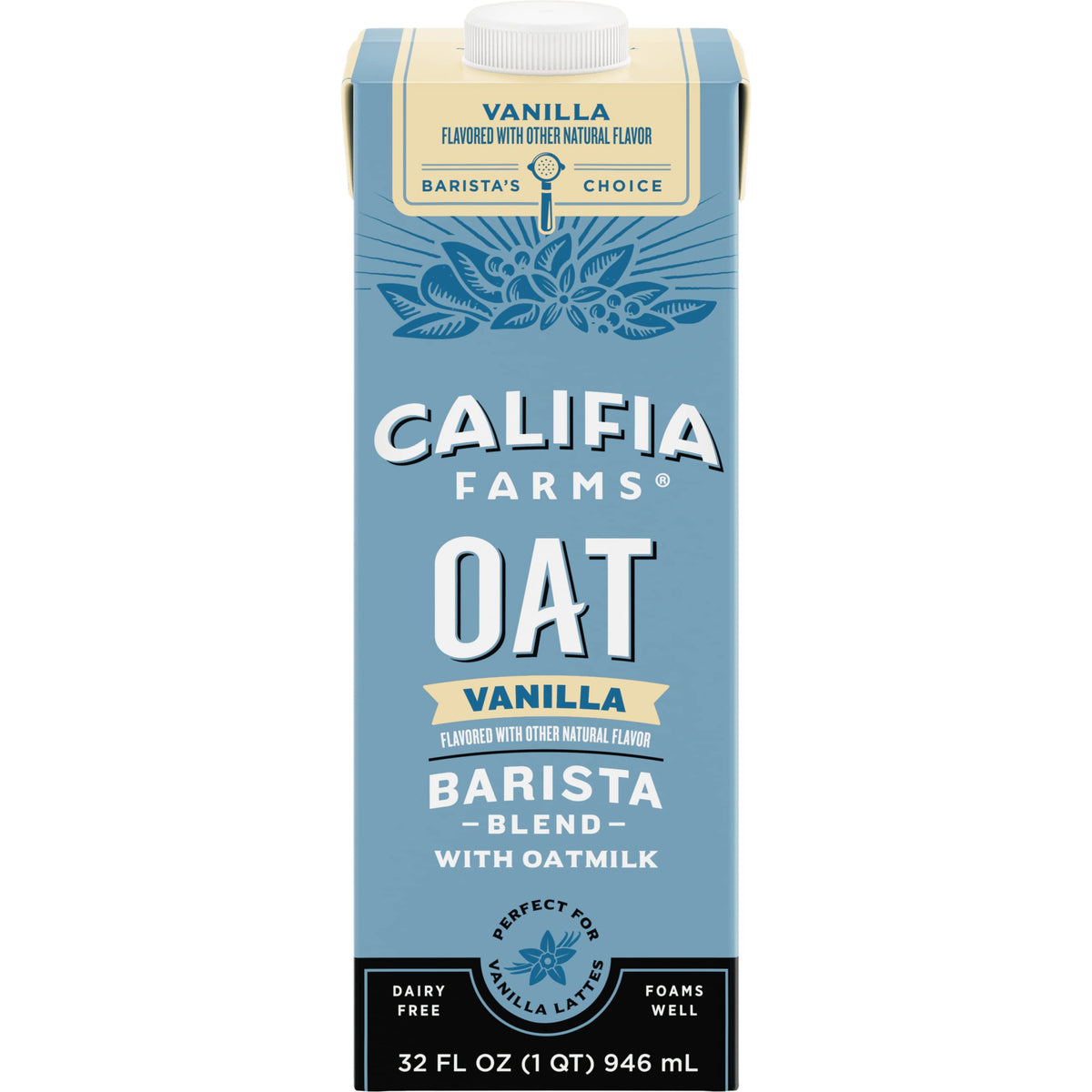 Califia Farms - Vanilla Oat Barista Blend Oat Milk, 32 Oz, Dairy Free, Vegan, Plant Based, Gluten Free, Non Gmo, Milk Frother, Coffee Creamer