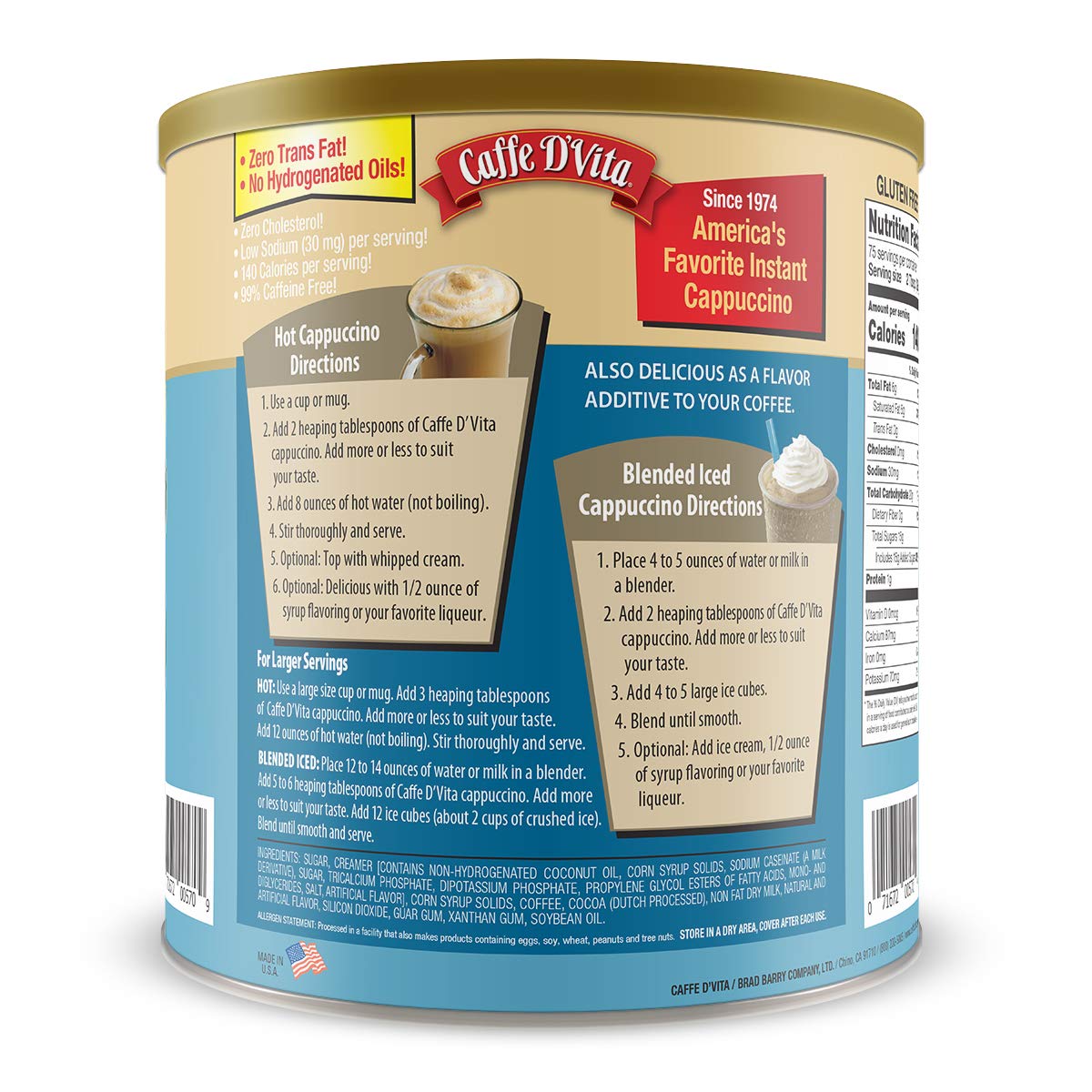 Caffe Dvita French Vanilla Cappuccino Mix - Instant Vanilla Cappuccino Coffee Mix, Gluten Free, No Cholesterol, 99% Caffeine Free - 4 Lb. Can