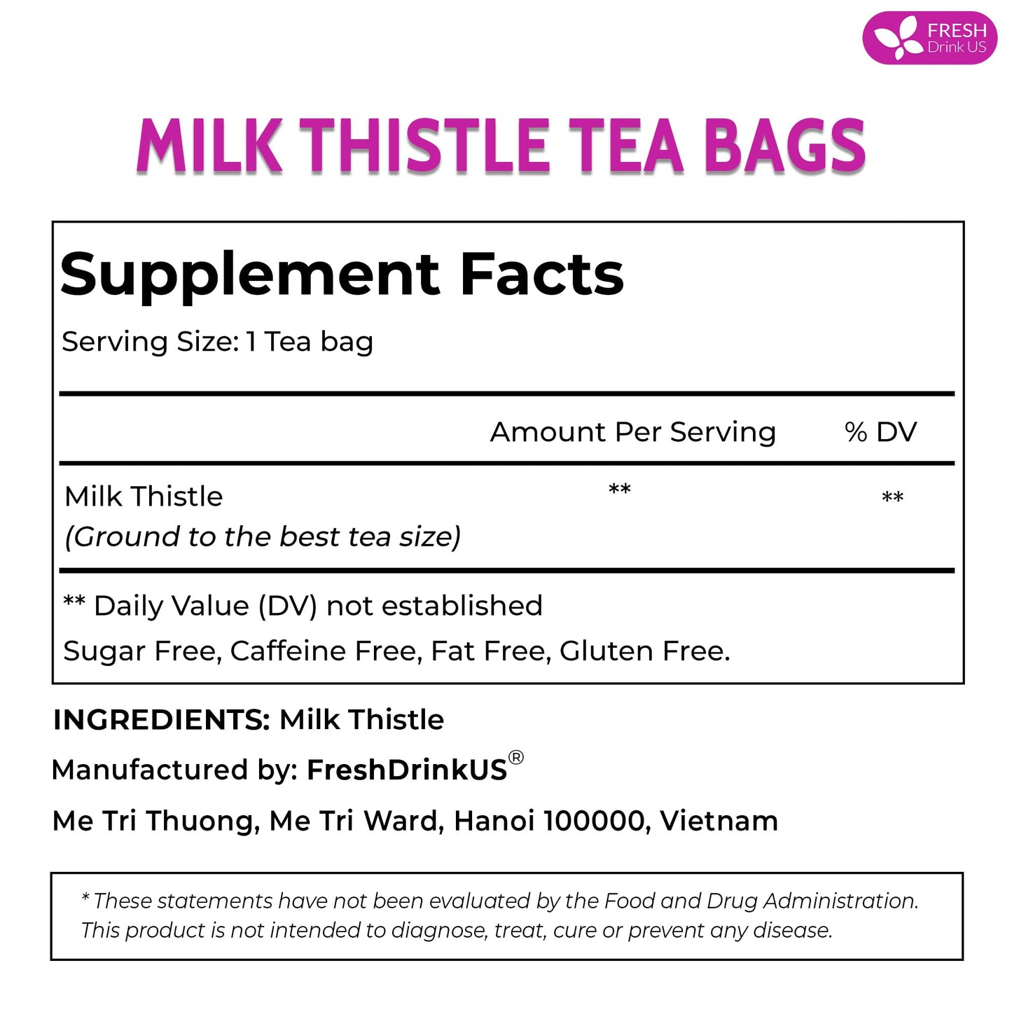 Freshdrinkus, Enhanced 135 Milk Thistle Tea Bags, 100% Natural & Pure From Milk Thistle Seeds. Milk Thistle Seed Herbal Tea. Made With Natural Material Tea Bags. No Sugar, No Caffeine, No Gluten, Vegan.