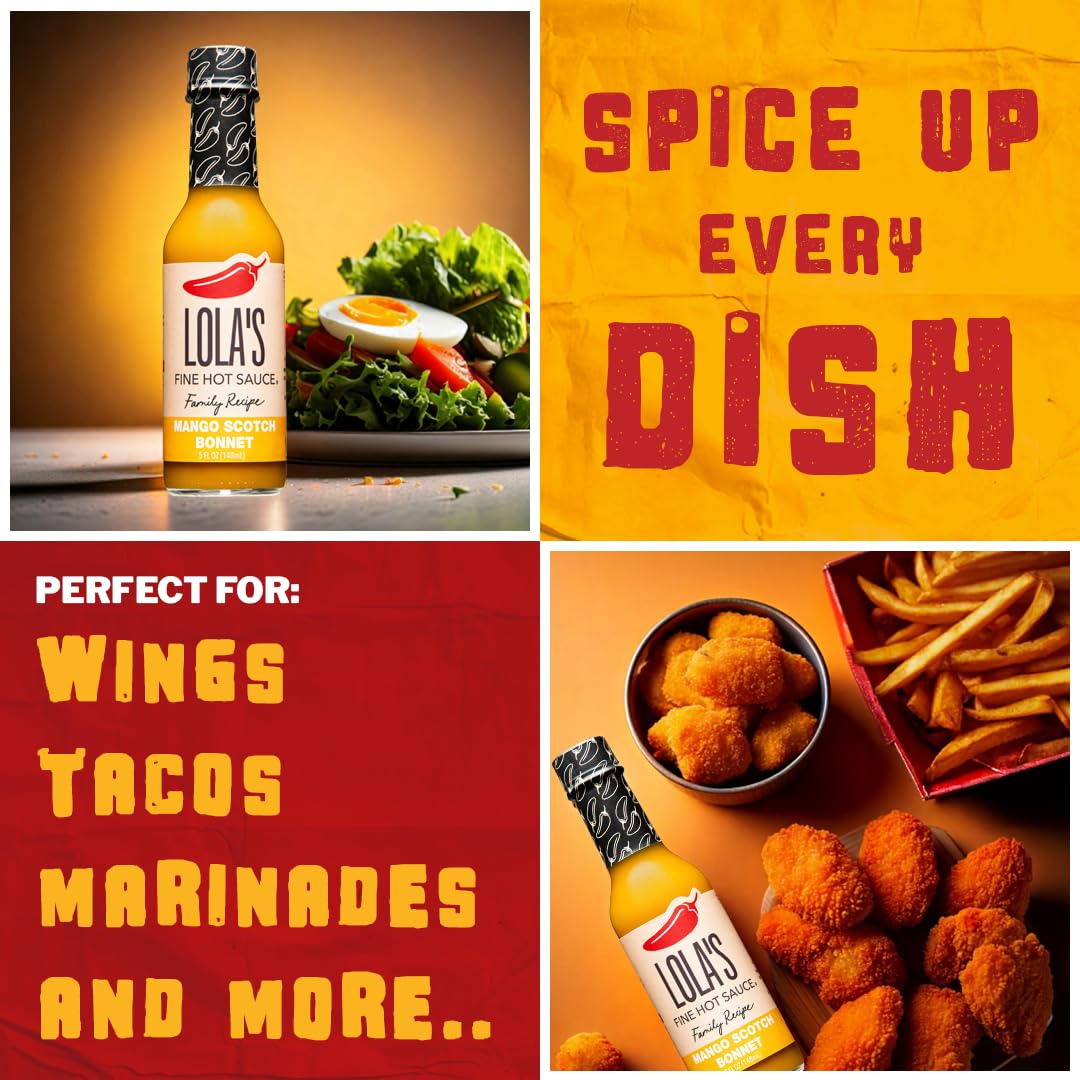 Lolas Fine Hot Sauce Mango Ginger Scotch Bonnet, Sweet & Spicy, 5 Fl Oz, Gluten Free, Keto Friendly, Zero Calories