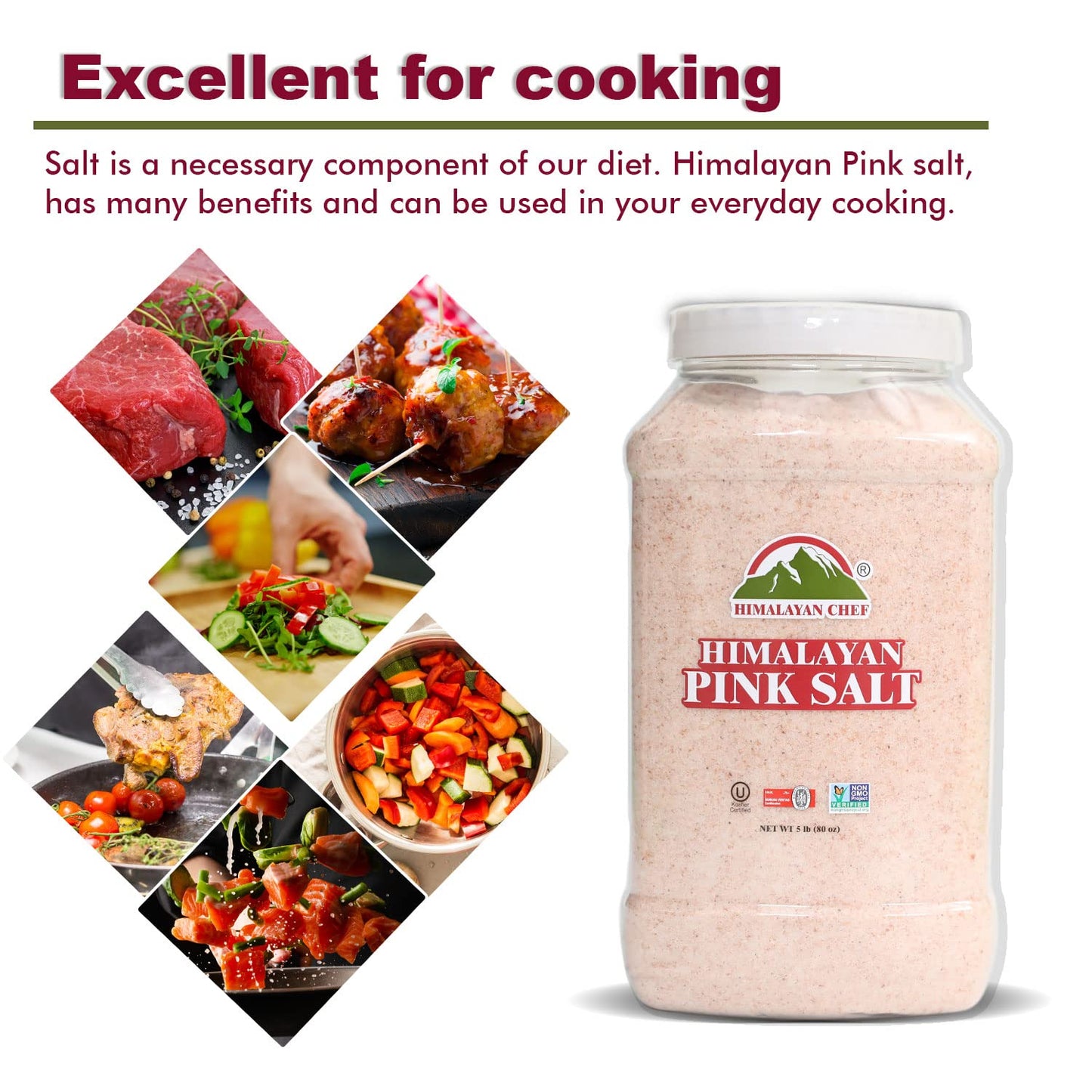 Himalayan Chef Pink Salt Fine Grain - 80 Ounce Plastic Jar, GMO & Gluten-Free