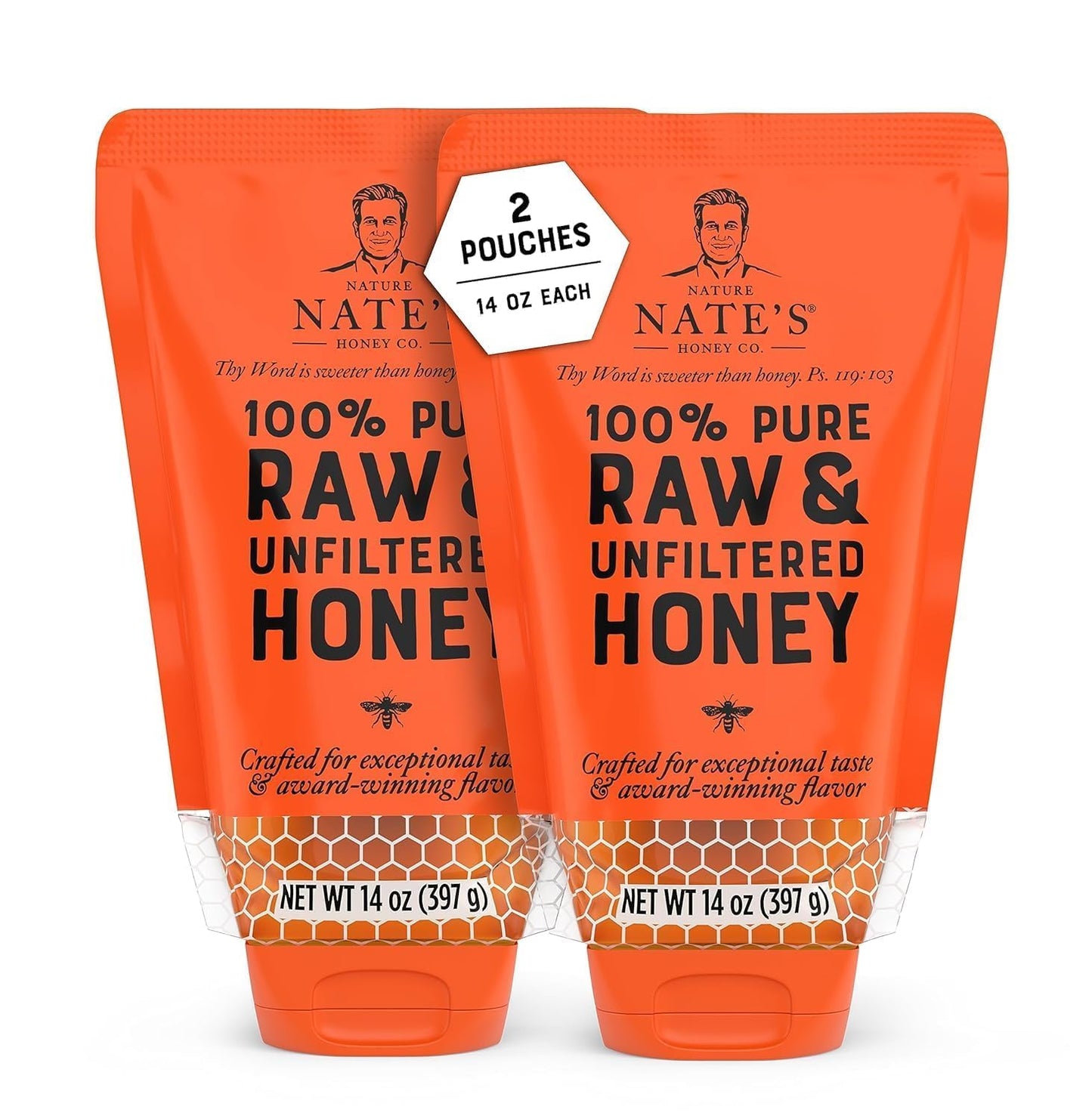 Nature Nate's 100% Guarantee Pure Raw & Unfiltered Honey, No-Drip Sustainable Squeeze Pouch, 14 Oz (Pack of 2)