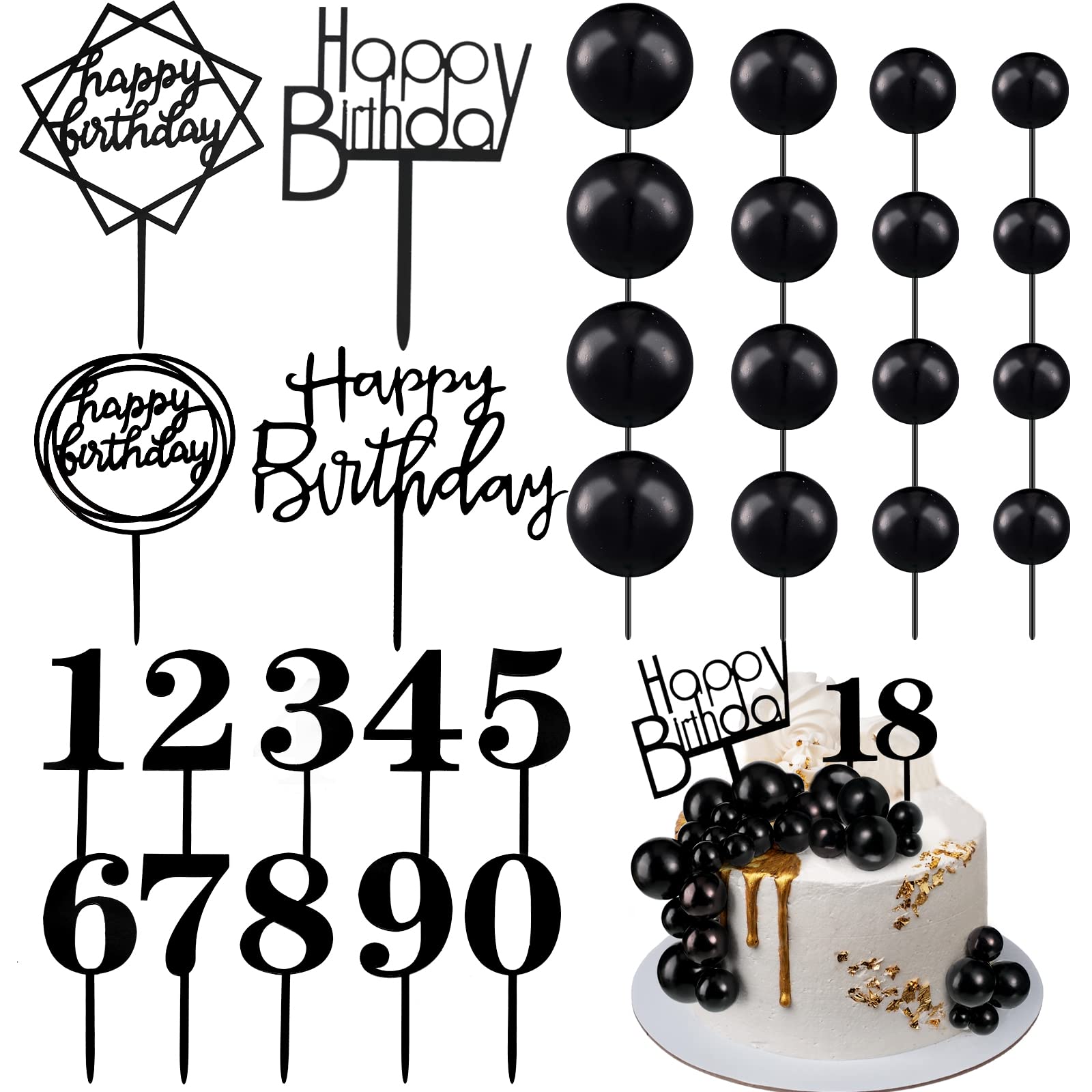 Yulejo 38 Pieces Ball Cake Decorations Set, Acrylic Cupcake Picks, Number 0-9, Black, Model Yulejo-Cake Topper-08