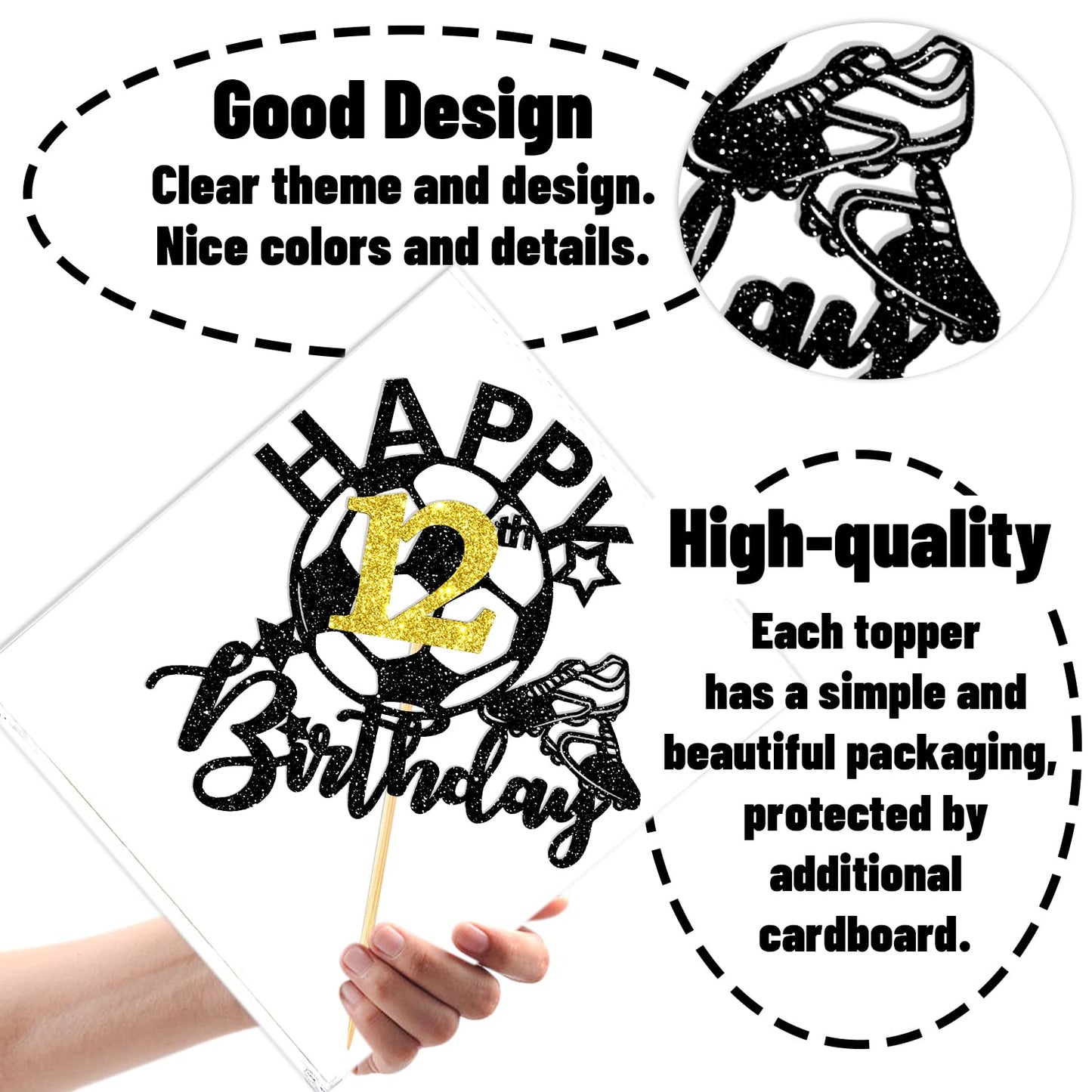 Aeryourtar Glitter Soccer Cake Topper for 12th Birthday, Paper Decoration, Football Theme, Perfect for Boys and Girls