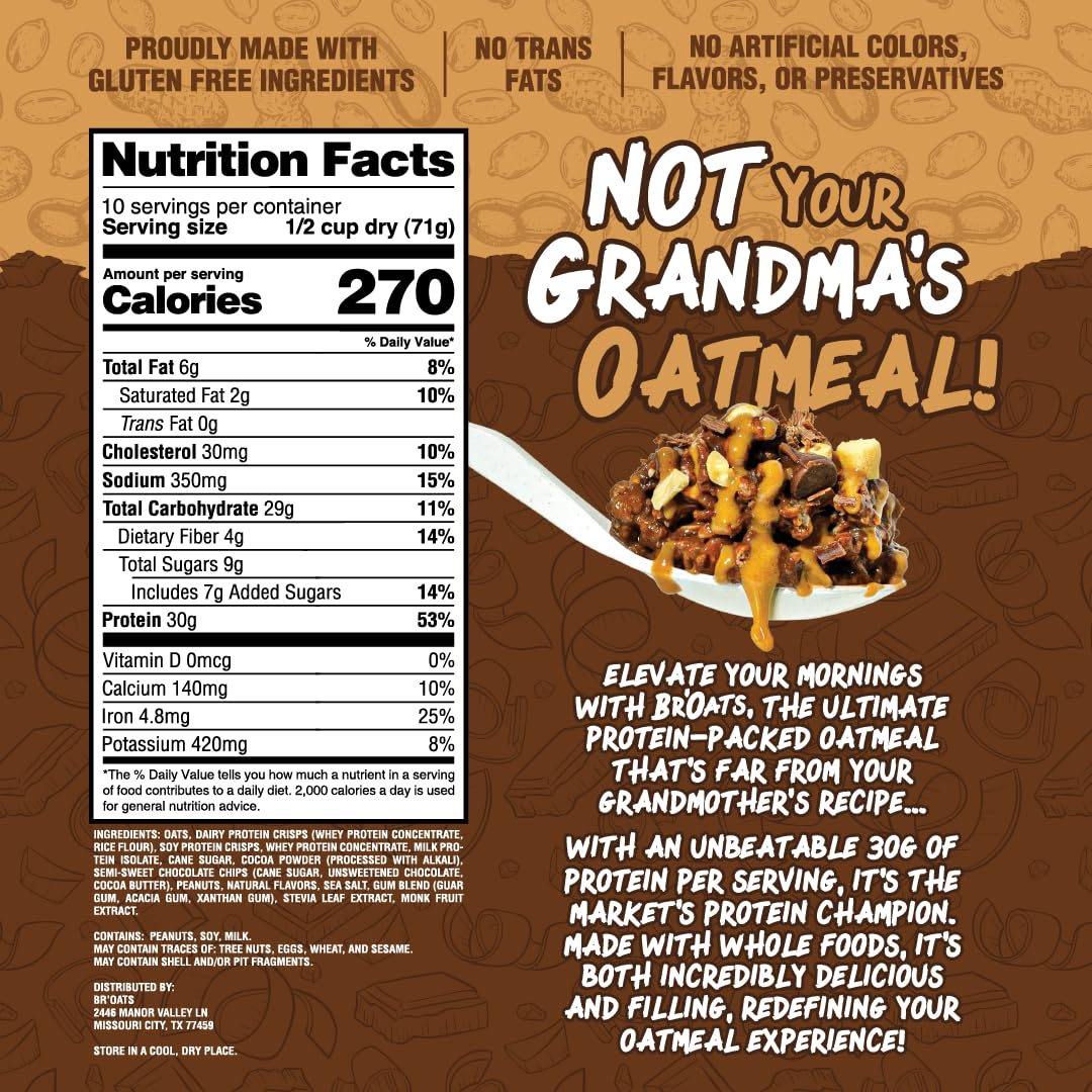 BrOats High Protein Oatmeal With 30g Of Protein Per Serving - Protein Packed Gluten Free Delicious Tasting High Protein Oats (Pack of 1  Nutty Chocolate)