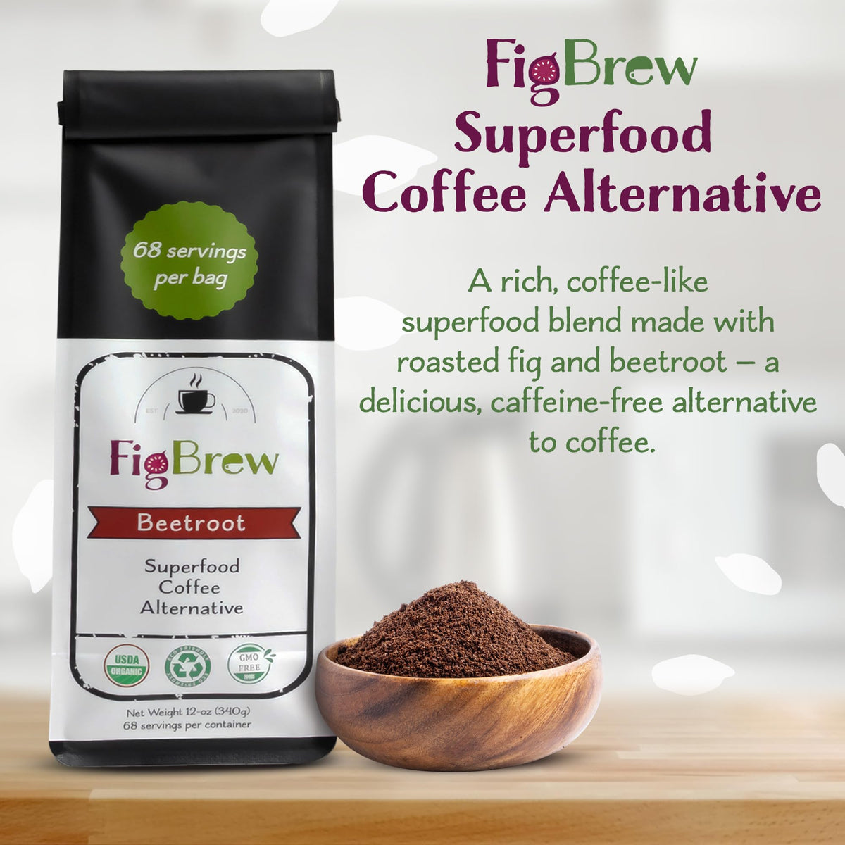 Figbrew - Beetroot Superfood Organic Coffee Alternative, Ground Coffee Substitute, Non-Acidic, Stomach-Friendly Replacement For