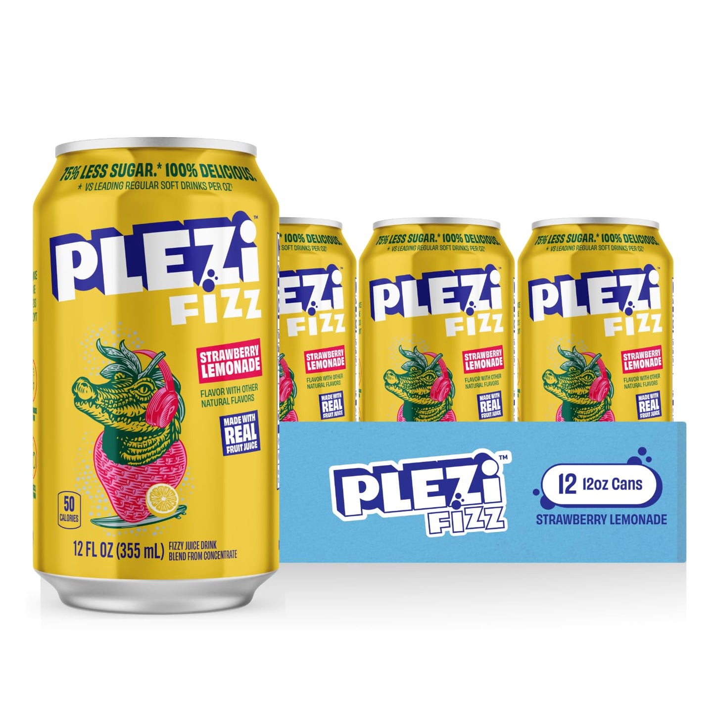 PLEZi FiZZ Strawberry Lemonade Sparkling Juice - Healthy Soda Alternative with Real Fruit Juice, No Added Sugar - Low Sugar Spar