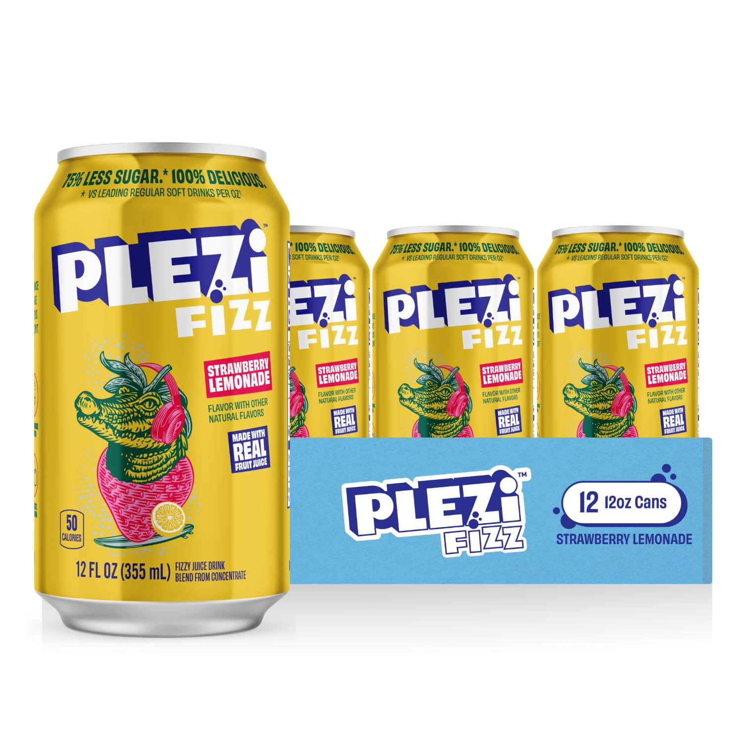 PLEZi FiZZ Strawberry Lemonade Sparkling Juice - Healthy Soda Alternative with Real Fruit Juice, No Added Sugar - Low Sugar Spar