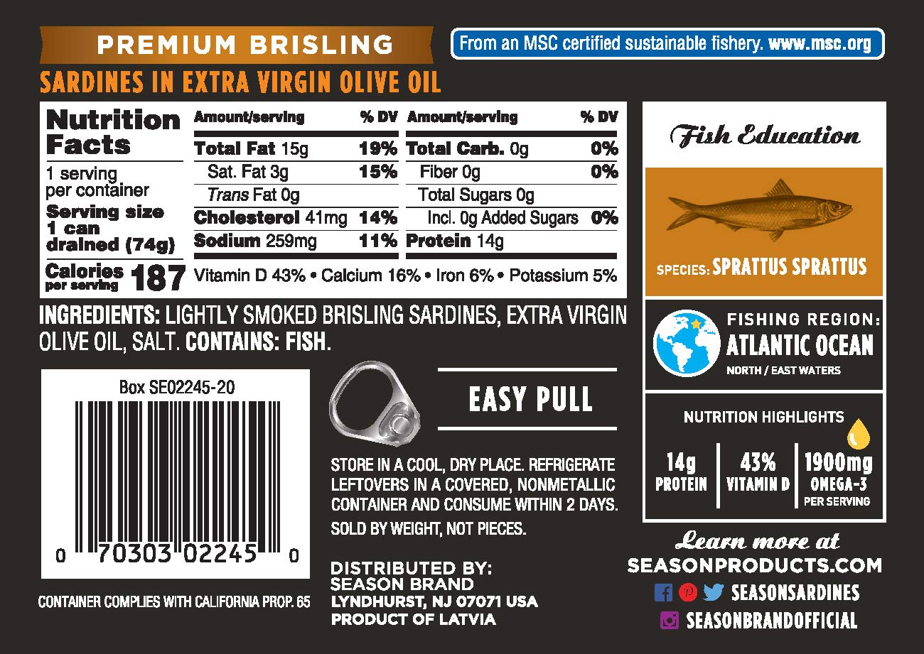 SEASON Brisling Sardines in Extra Virgin Olive Oil - Wild Caught, 3.37 Oz Tins, 12-Pack, High in Calcium, Keto Friendly